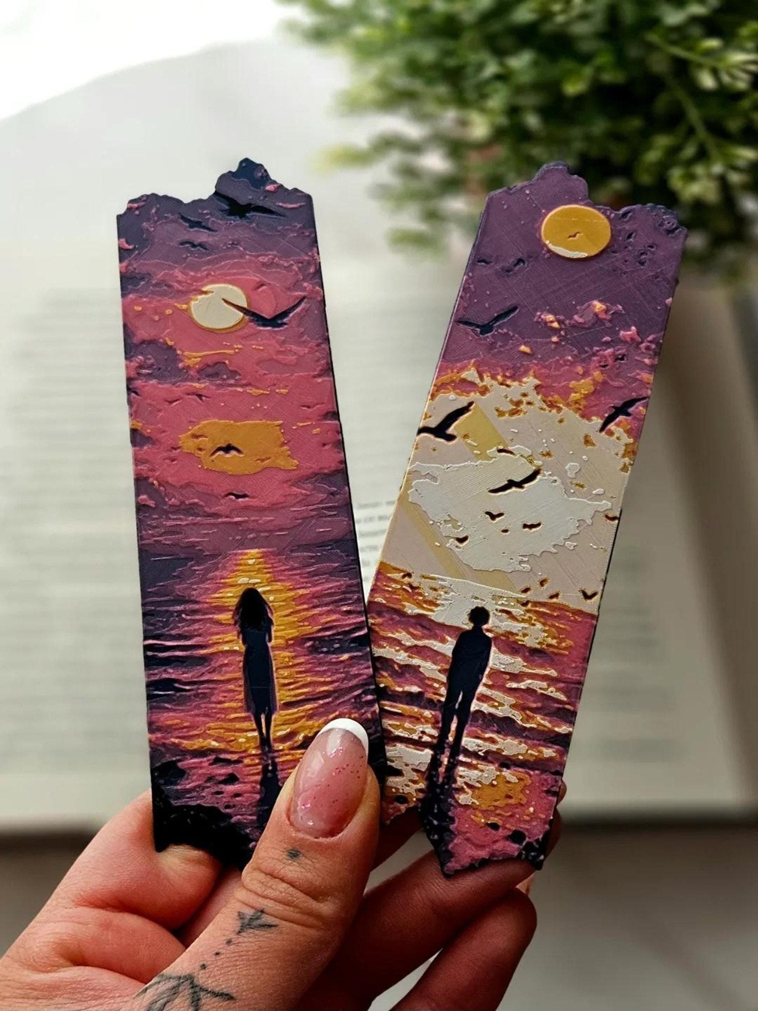 3D Printed Bookmarks Set, Sunset Silhouette in Yellow, Red, White - JM Designs