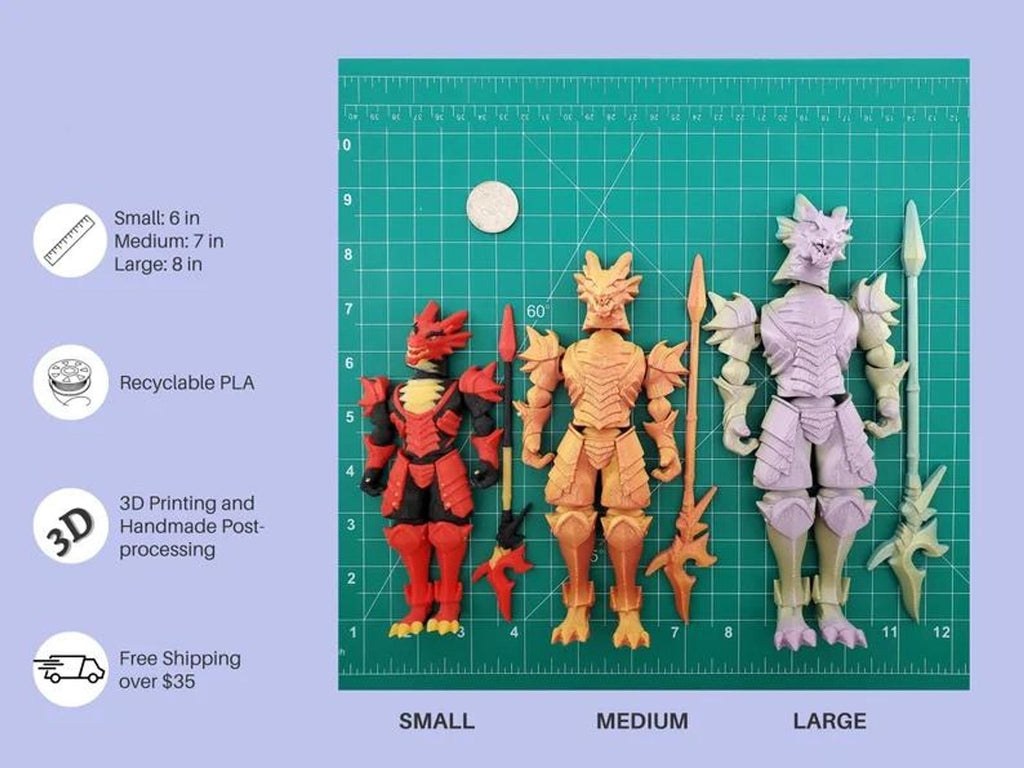 3D Printed Knight Action Figure, Articulated Dragon Design with Custom Colors - JM Designs