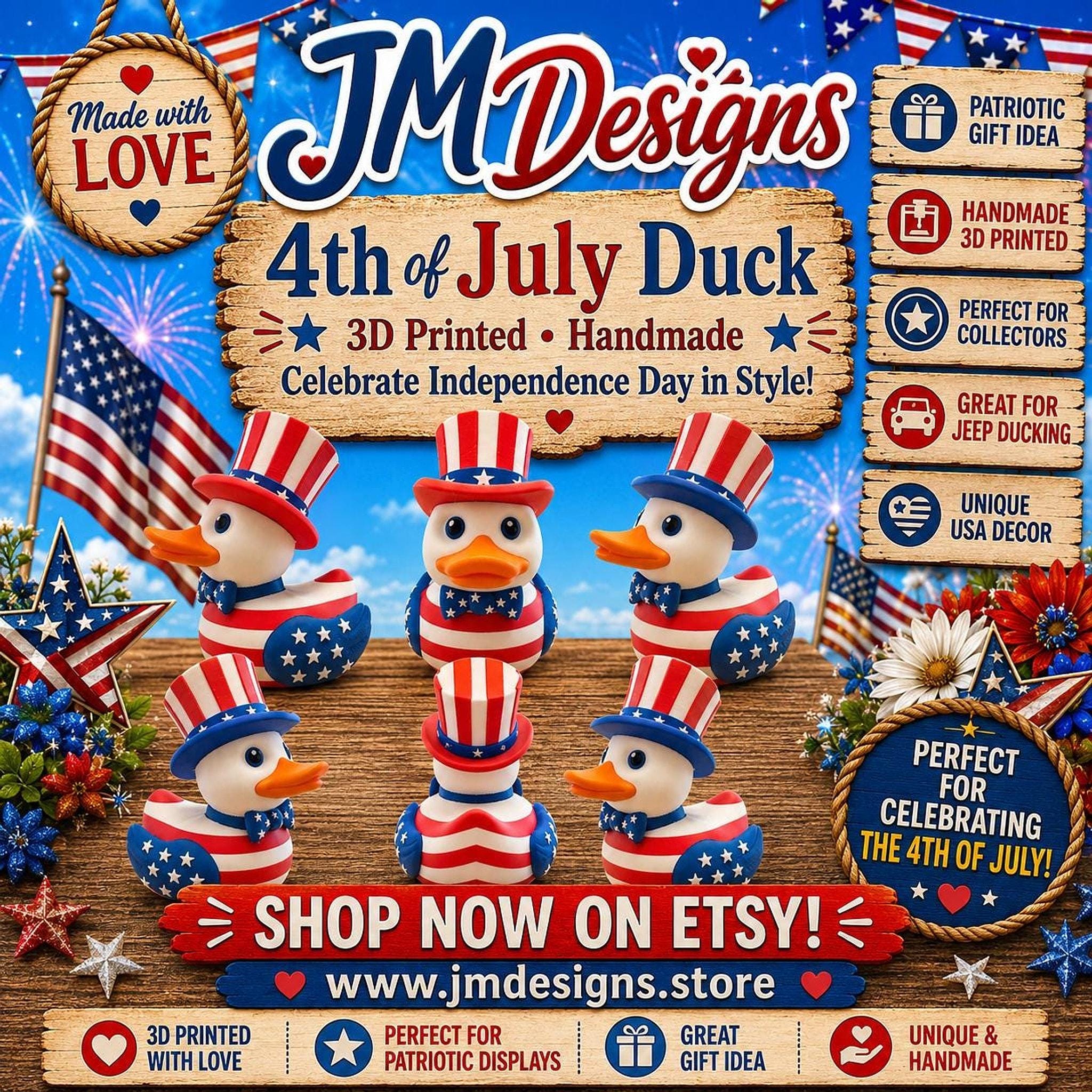 4Th of July Duck, Patriotic Rubber with Stars and Stripes Design - JM Designs