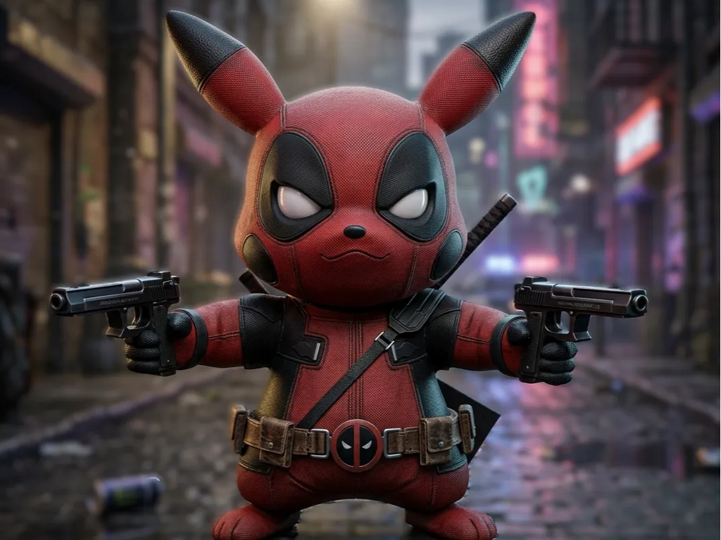 Custom Deadpool Pikachu 3D Printed Figure 10" tall - Collectible Mashup Desk Toy