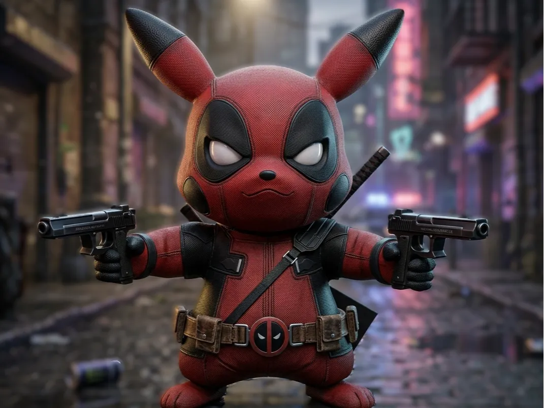 Custom Deadpool Pikachu 3D Printed Figure 10" tall - Collectible Mashup Desk Toy