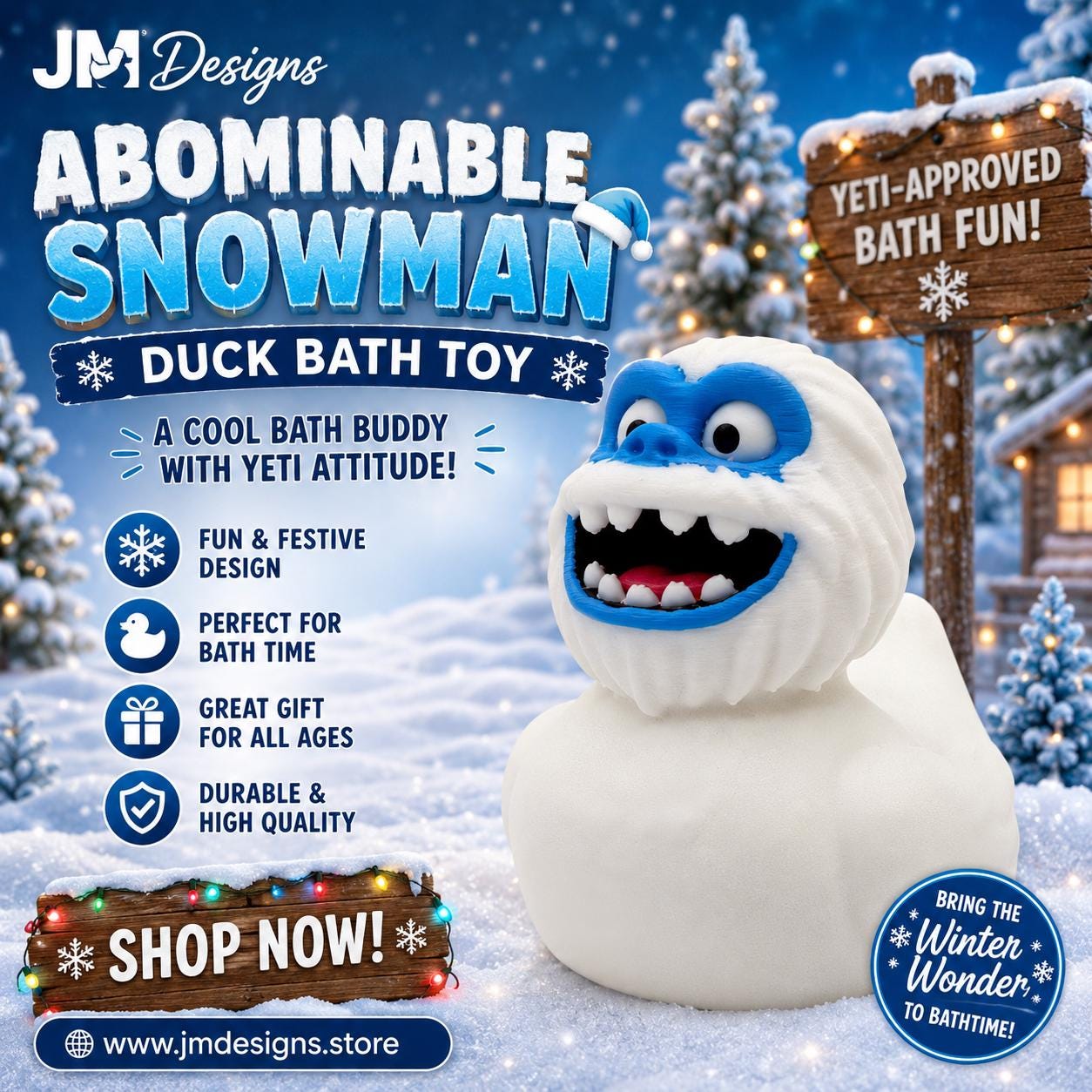 Abominable Snowman Duck Bath Toy Monster Figure Winter Decoration Bathroom Accessory Desk Item Novelty Gift Yeti Collectible Creature Bumble - JM Designs