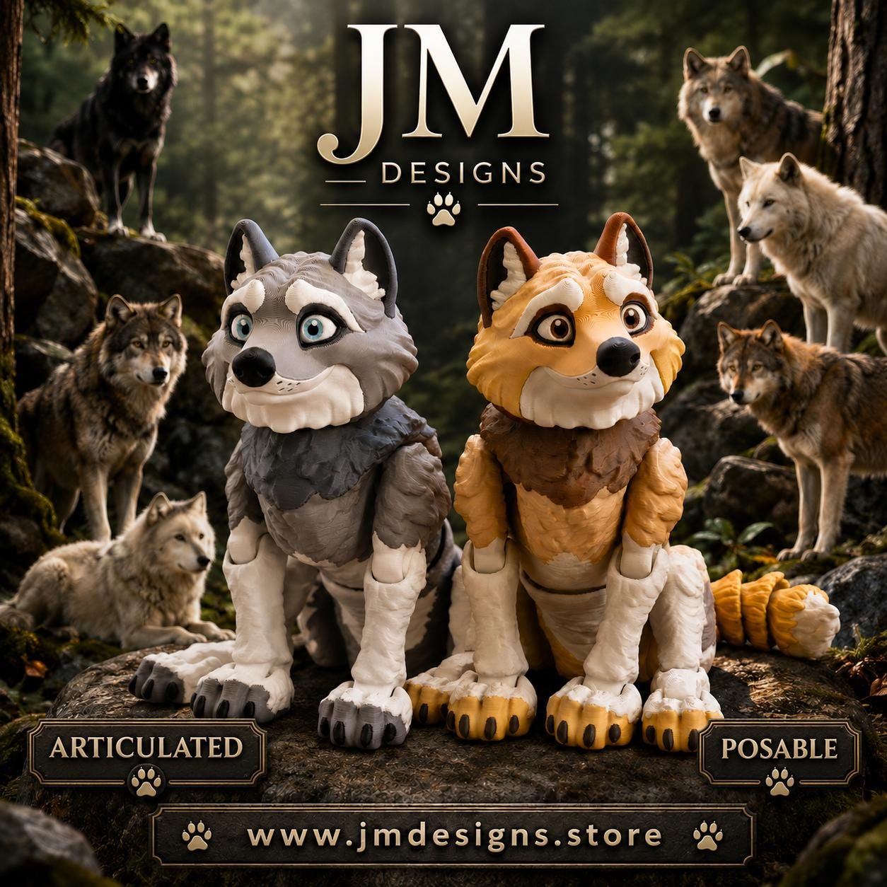 Articulated Wolf Figurine, 3D Printed Desk Accessory with Movable Joints - JM Designs