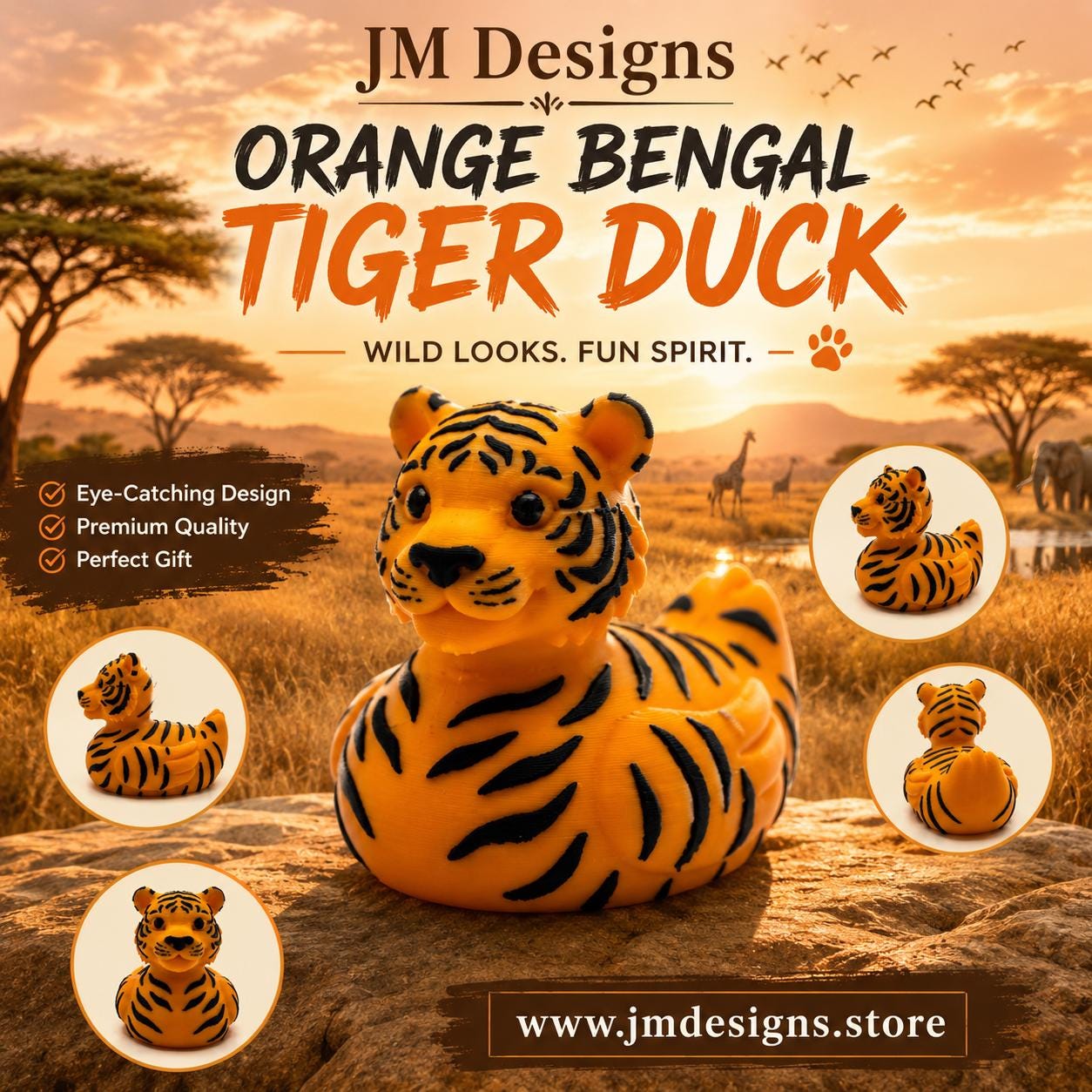 Bengal Tiger Duck White & Orange Zoo Theme Party Favor Kids Bathroom Shelf Accent Jungle Nursery - JM Designs