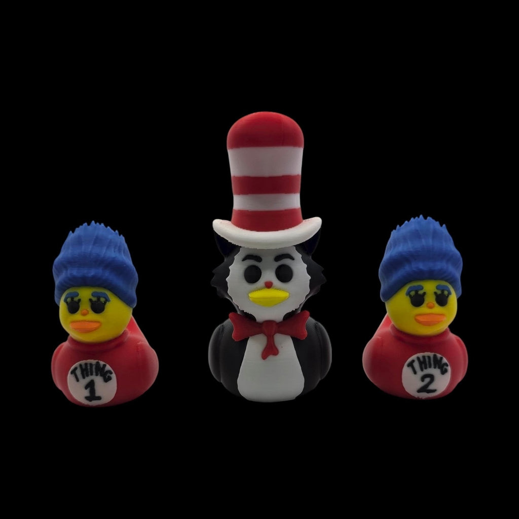 Character Duck Figurine Set, Cat in the Hat and Thing 1 & 2 3D Printed Kids' Room Decor - JM Designs