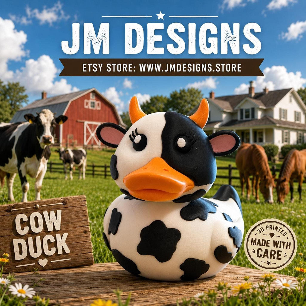 Cow Rubber Duck, Black & White 3D Printed Bath Toy for Kids - JM Designs