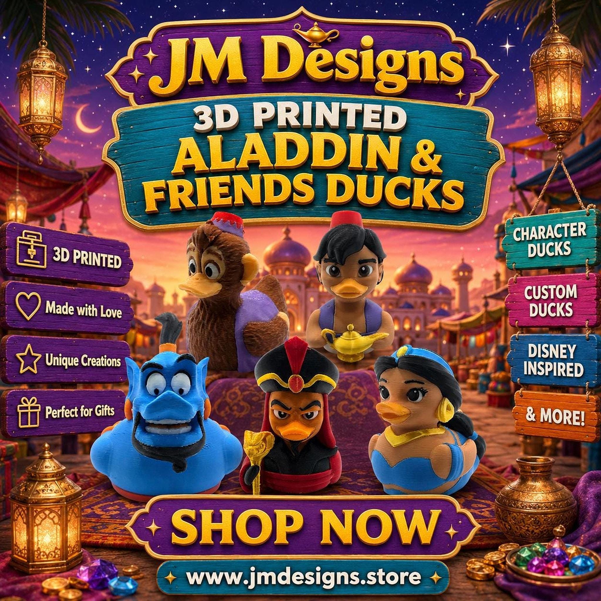 Disney Bath Toy Duck Figurine Set, Aladdin Character Collection for Fun Bathtime - JM Designs
