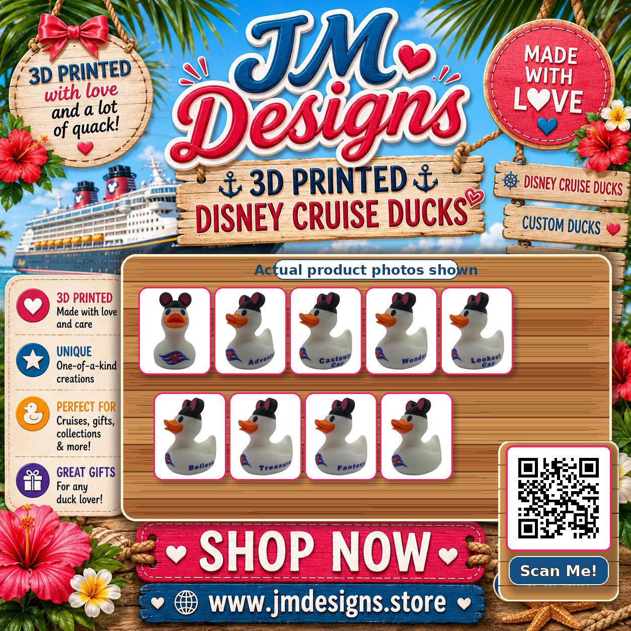 Disney Inspired Cruise Ducks White & Black, Collectible Cabin Decoration, Mickey Ears, Custom Ship Name - JM Designs