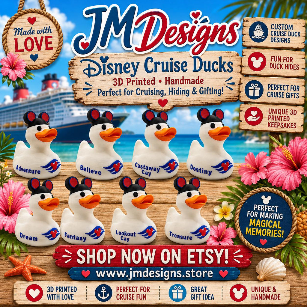 Disney Inspired Cruise Ducks White & Black, Collectible Cabin Decoration, Mickey Ears, Custom Ship Name - JM Designs