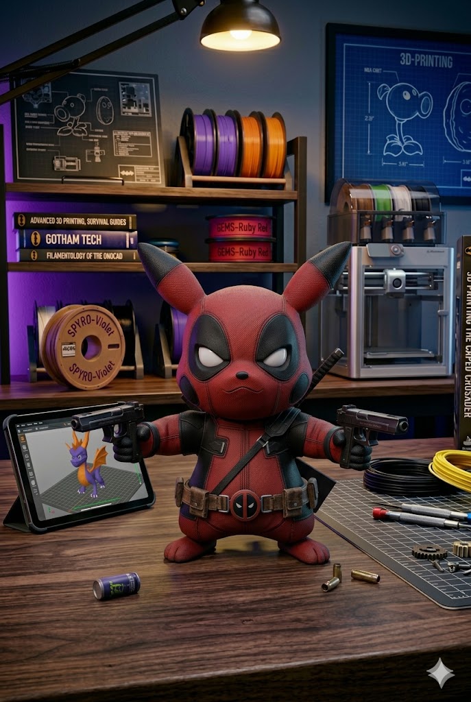 Custom Deadpool Pikachu 3D Printed Figure 10" tall - Collectible Mashup Desk Toy