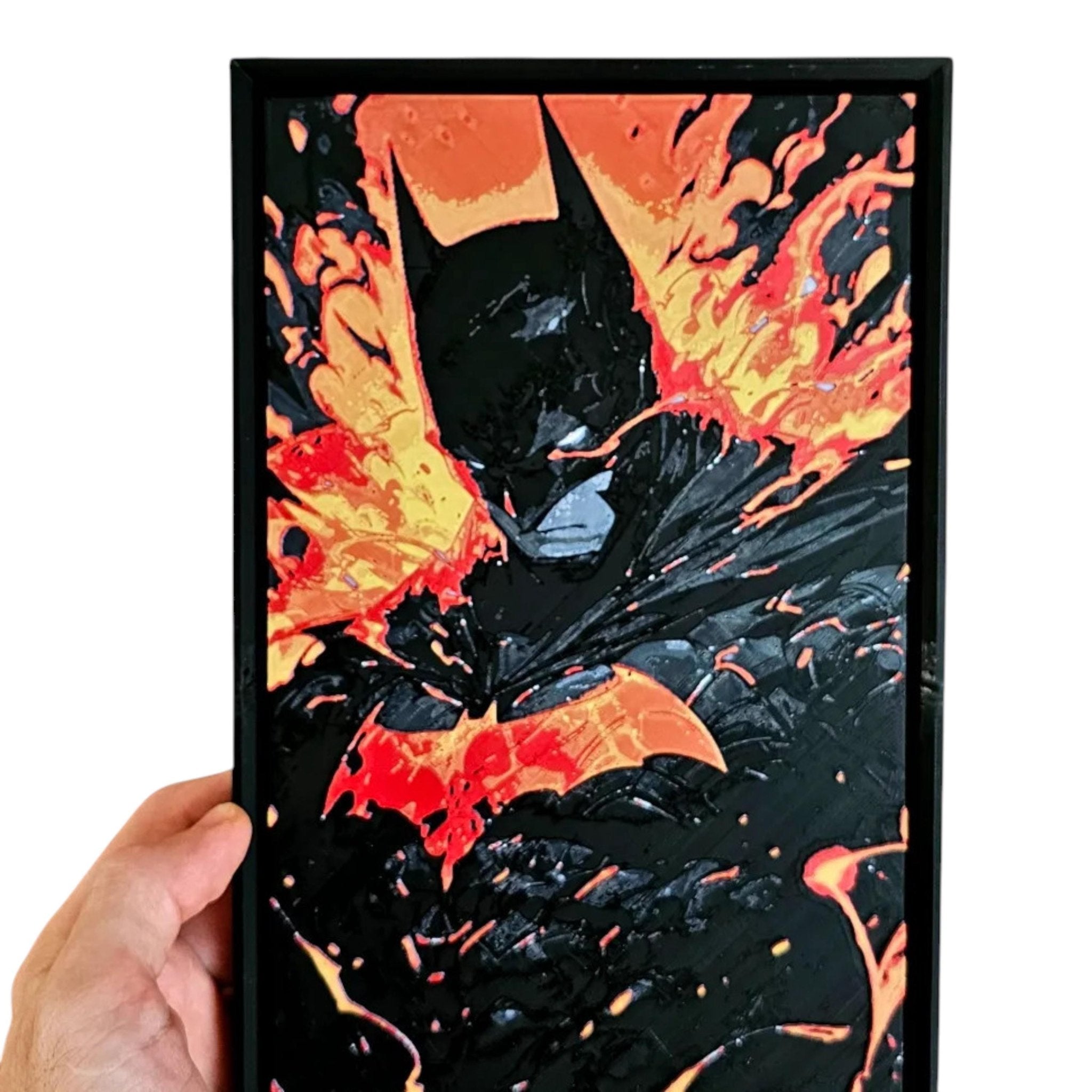 Framed Batman Wall Art, 3D Printed Superhero Art with Fiery Background - JM Designs