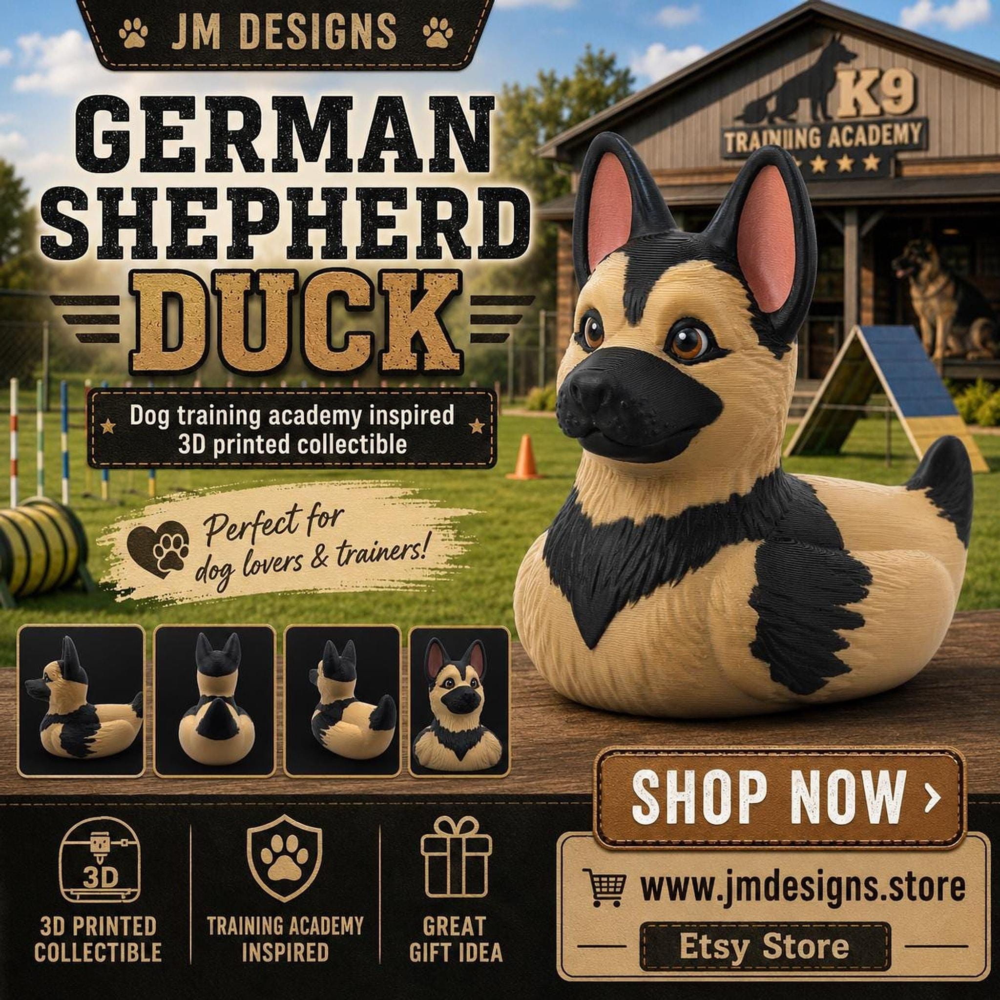 German Shepherd Duck Figurine, 3D Printed Collectible for Dog Lovers - JM Designs