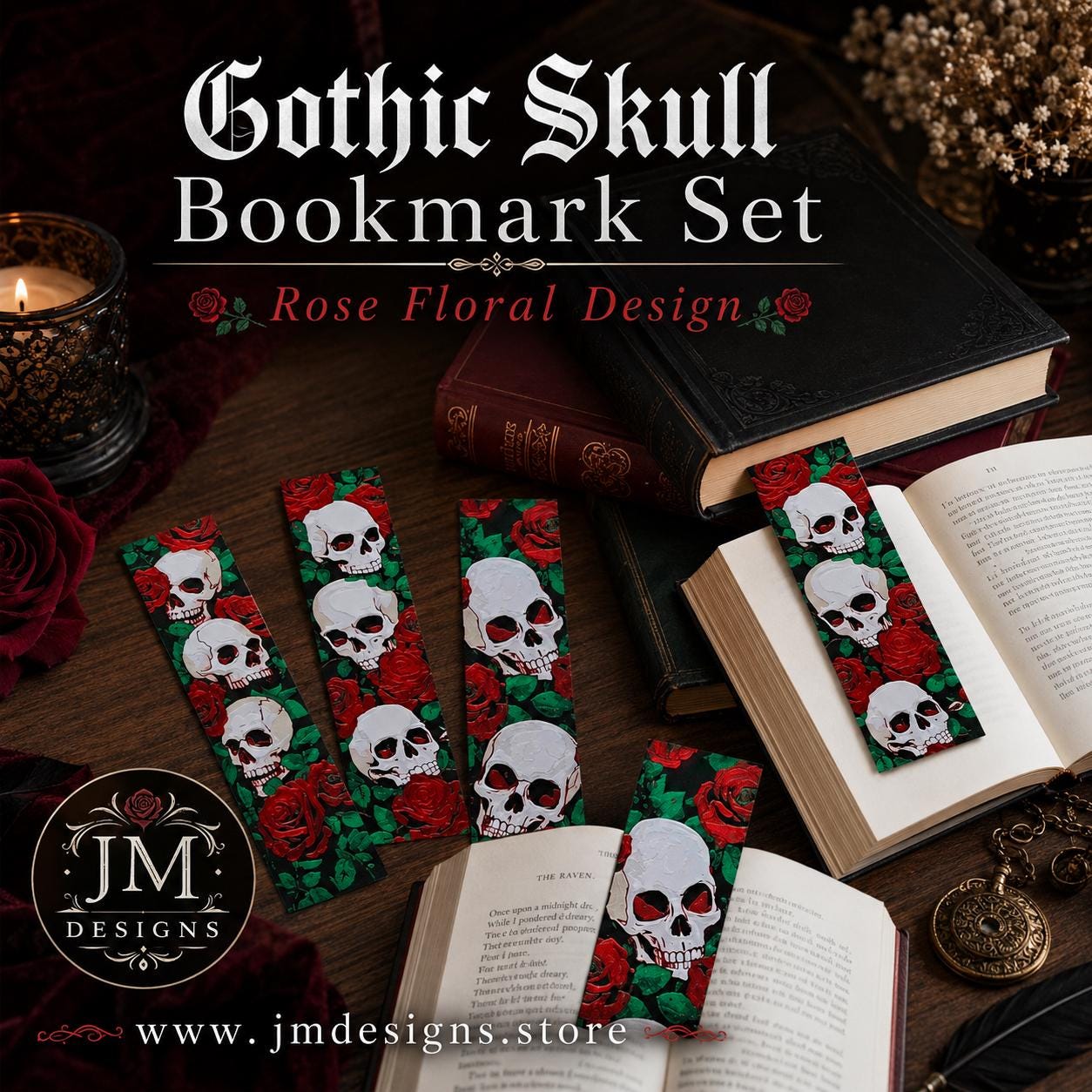 Gothic Skull Bookmark Set: Rose Floral Design, Dark Academia Gift - JM Designs
