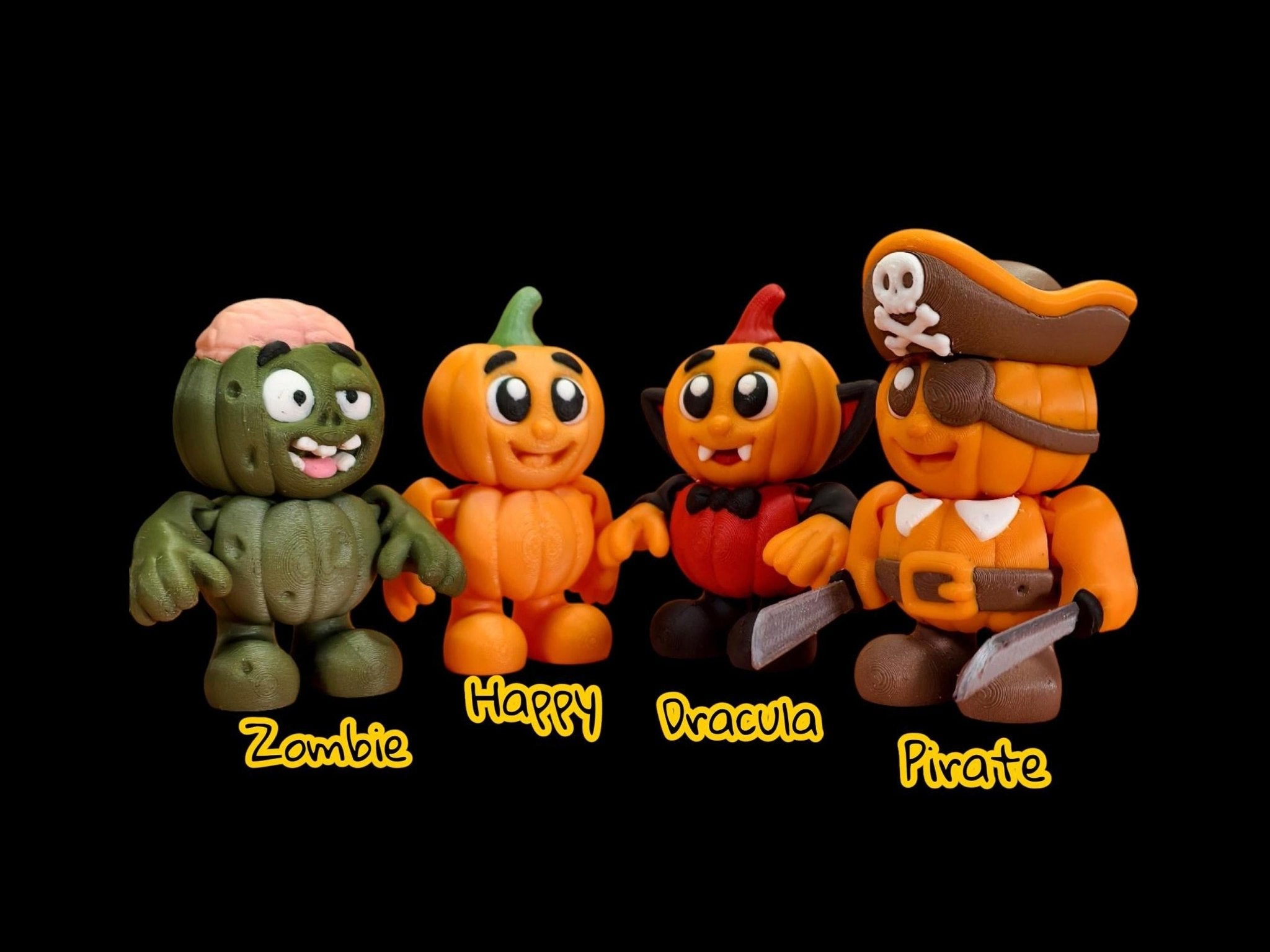 Halloween Pumpkin Character Set, Articulated Dracula and Zombie Figures for Spooky Decor - JM Designs