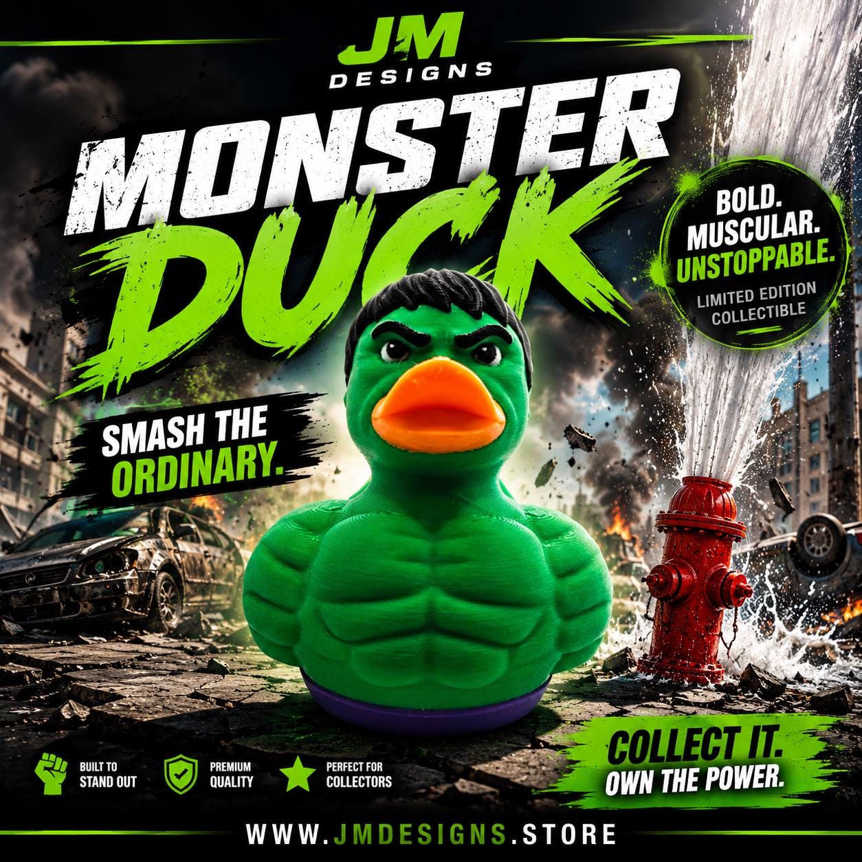 Hulk Inspired Duck Figurine, Superhero Inspired 3D Printed Collectible for Comic Fans - JM Designs
