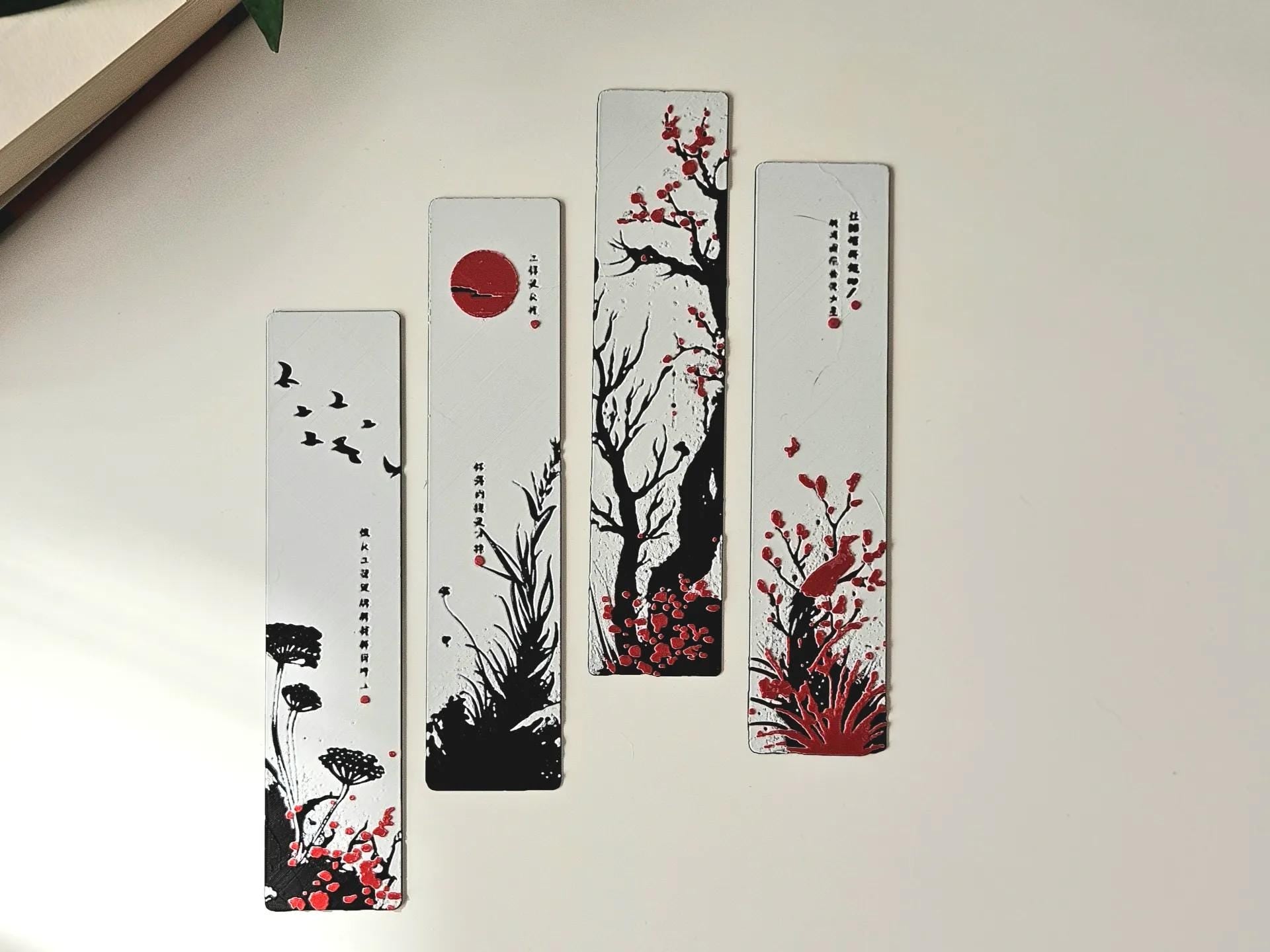 Red Blossom Bookmark Set: 3D Printed Floral Book Markers