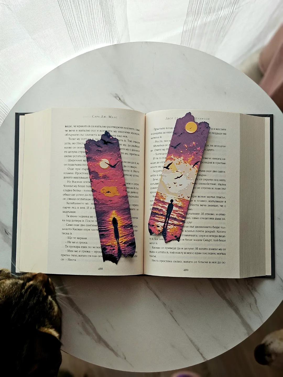 3D Printed Bookmark Set Sunset Silhouette, Yellow, Red, White, Book Lover Reflective Bookmarks Handmade
