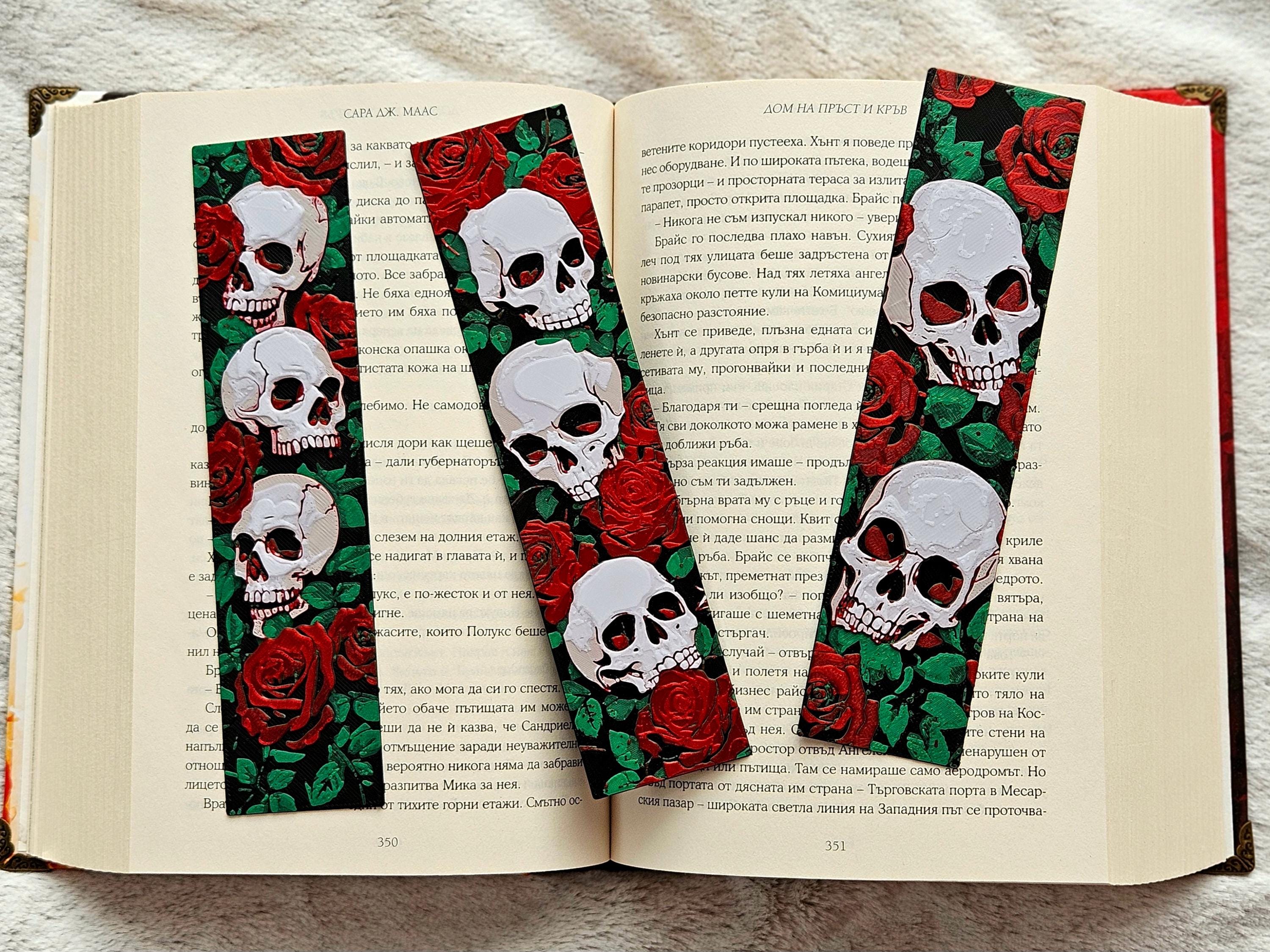 Gothic Skull Bookmark Set: Rose Floral Design, Dark Academia Gift