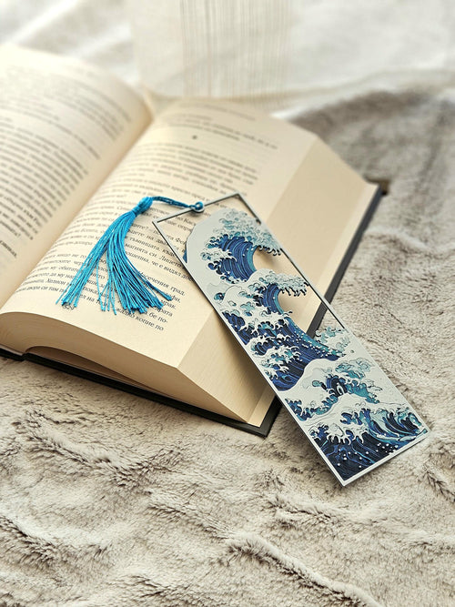 Great Wave Bookmark Japanese Design Collection Premium Book Marker Reading Accessory White Art Pattern Decorative Tassel Detail Perfect Book Lover Gift Beautiful Study Space Addition Classic Japanese Print Essential Reading Collection