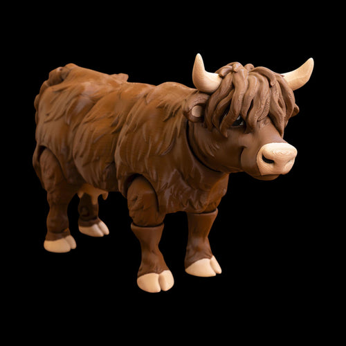 Highland Cow Figurine Desk Accessory Farm Animal Figure Toy Articulating Design Flexible Poseable Decoration Office Display Cattle Collection 3D Printed PLA Filament Four Inches Tall Available Multiple Colors Rustic Farm Decor Playful
