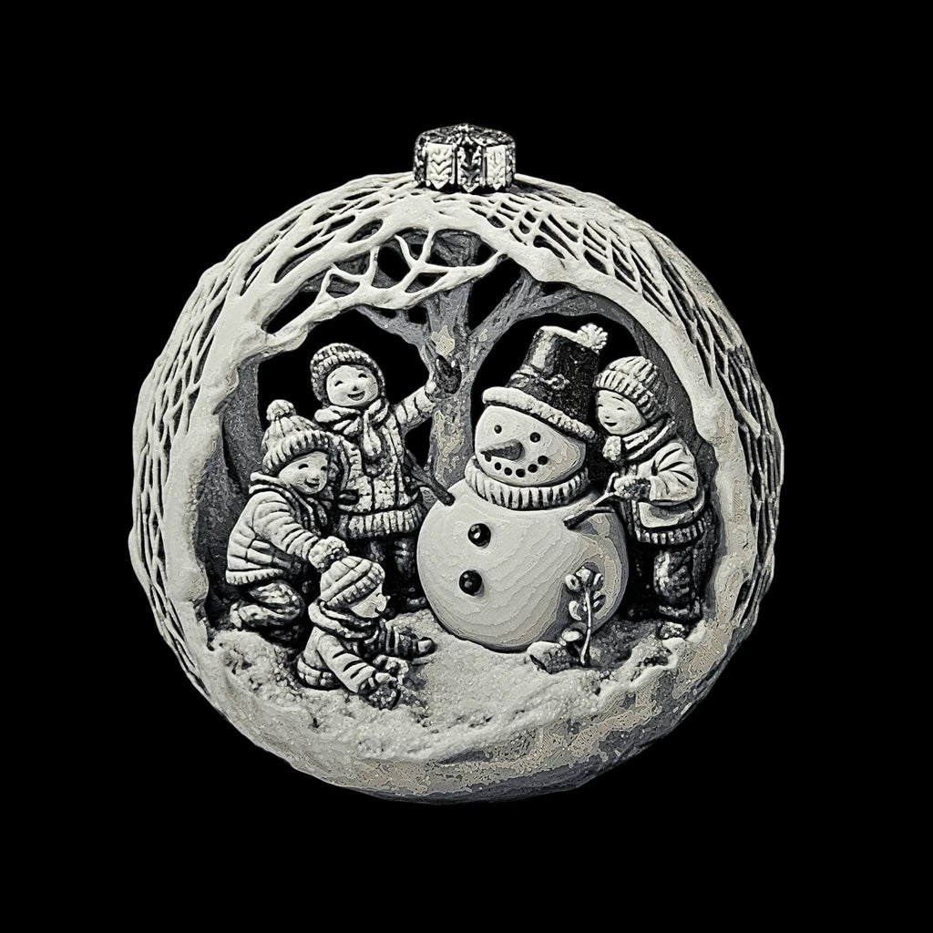 Christmas Snowman Ornament Holiday Decoration Winter Scene Relief Design Round Bauble Tree Hanging Festive Building Childhood Keepsake 3d