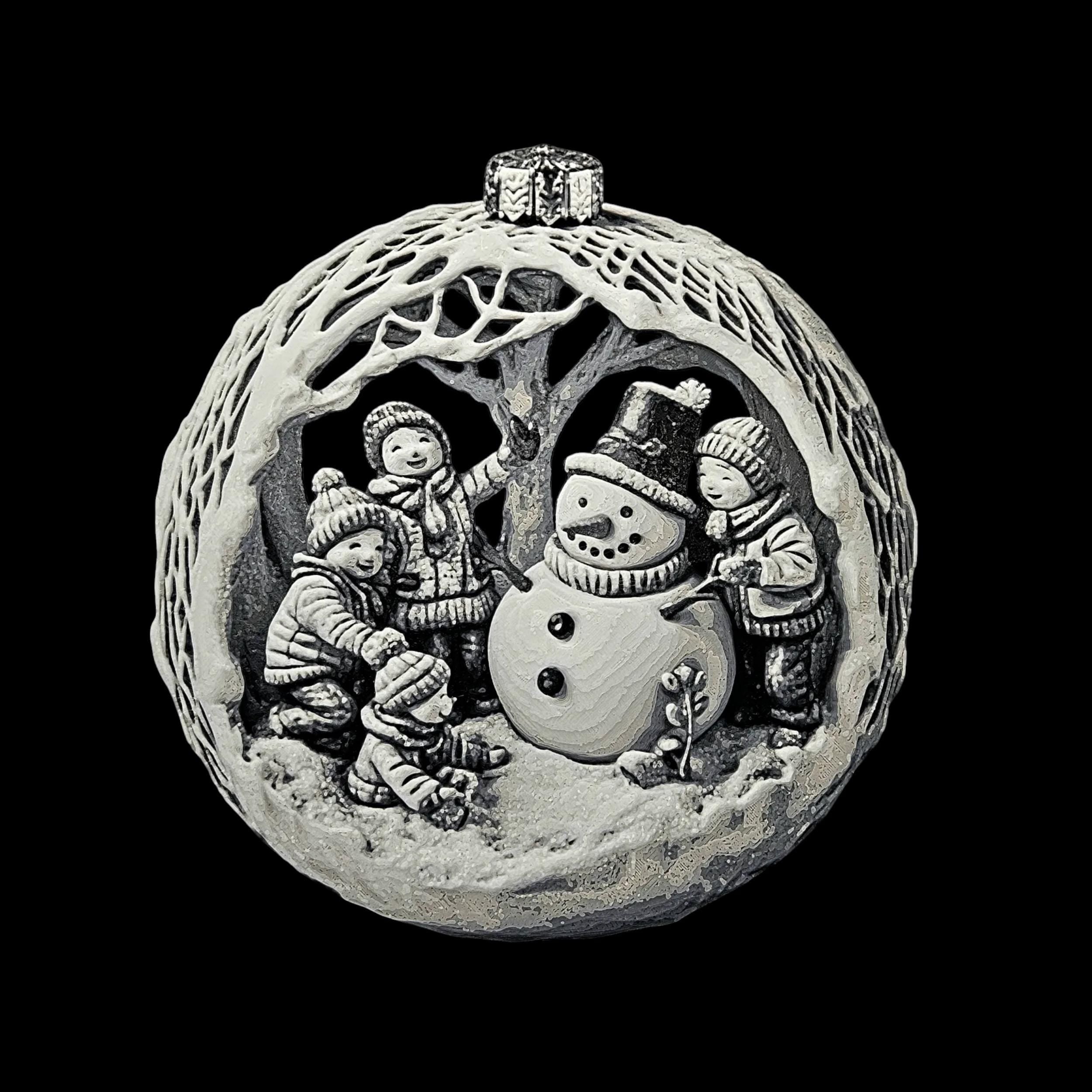 Christmas Snowman Ornament Holiday Decoration Winter Scene Relief Design Round Bauble Tree Hanging Festive Building Childhood Keepsake 3d