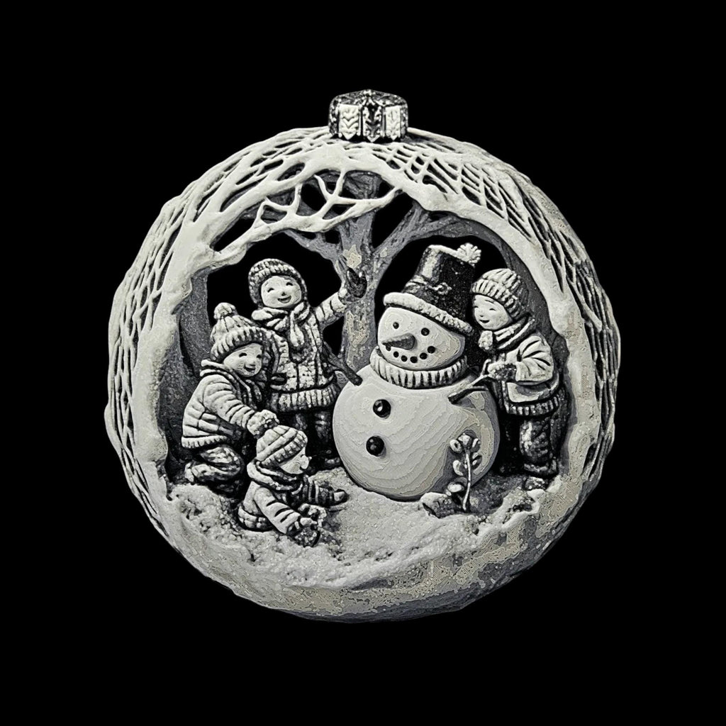 Christmas Snowman Ornament Holiday Decoration Winter Scene Relief Design Round Bauble Tree Hanging Festive Building Childhood Keepsake 3d