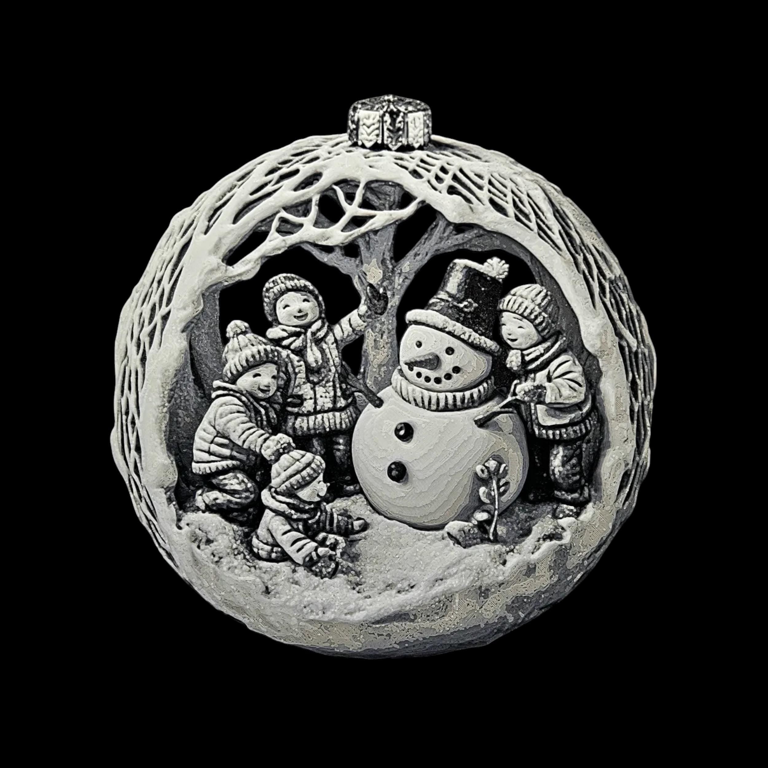 Christmas Snowman Ornament Holiday Decoration Winter Scene Relief Design Round Bauble Tree Hanging Festive Building Childhood Keepsake 3d
