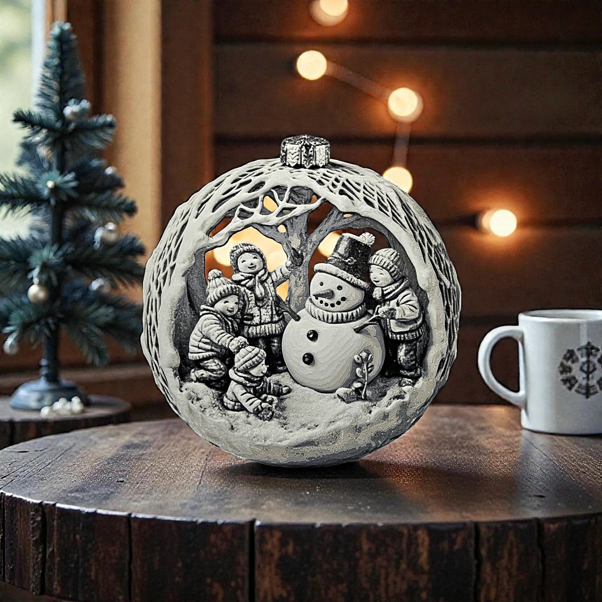 Christmas Snowman Ornament Holiday Decoration Winter Scene Relief Design Round Bauble Tree Hanging Festive Building Childhood Keepsake 3d