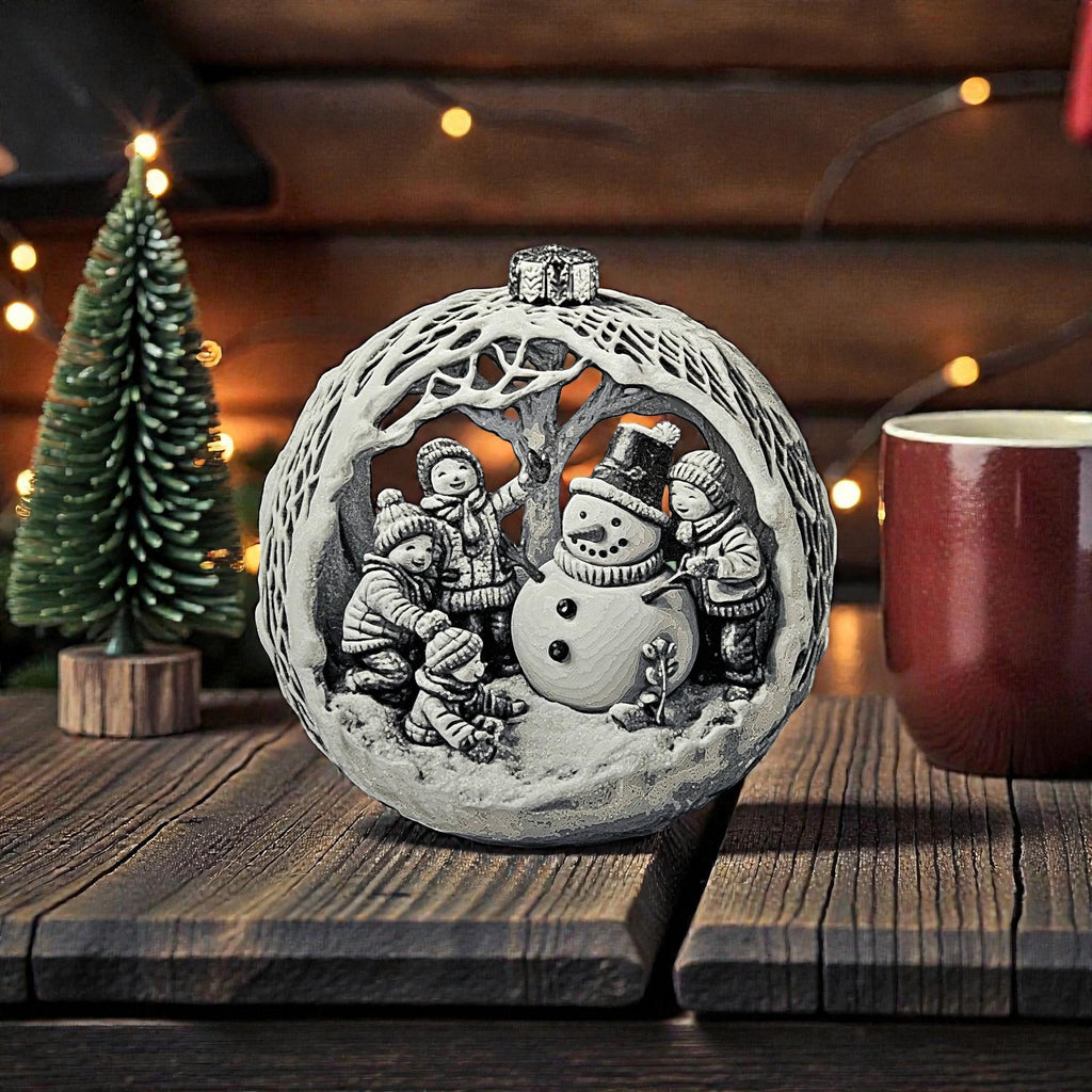 Christmas Snowman Ornament Holiday Decoration Winter Scene Relief Design Round Bauble Tree Hanging Festive Building Childhood Keepsake 3d
