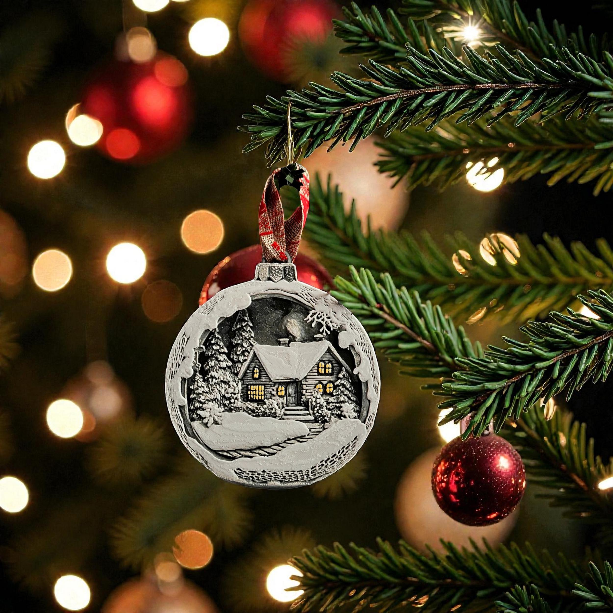 Christmas Ornament Winter Scene Snow Landscape Holiday Decoration Tree Bauble Mountain Cottage Illuminated Windows Pine Gift
