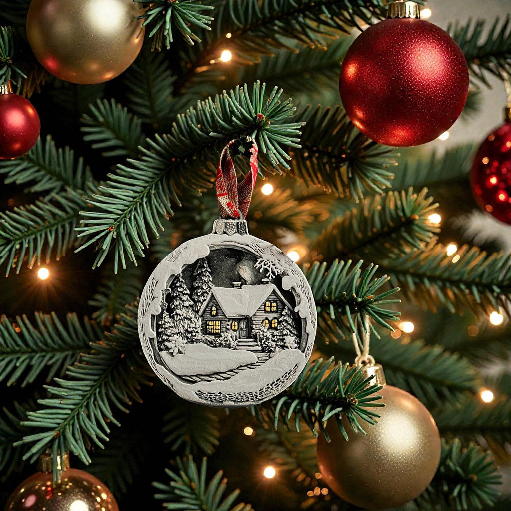 Christmas Ornament Winter Scene Snow Landscape Holiday Decoration Tree Bauble Mountain Cottage Illuminated Windows Pine Gift