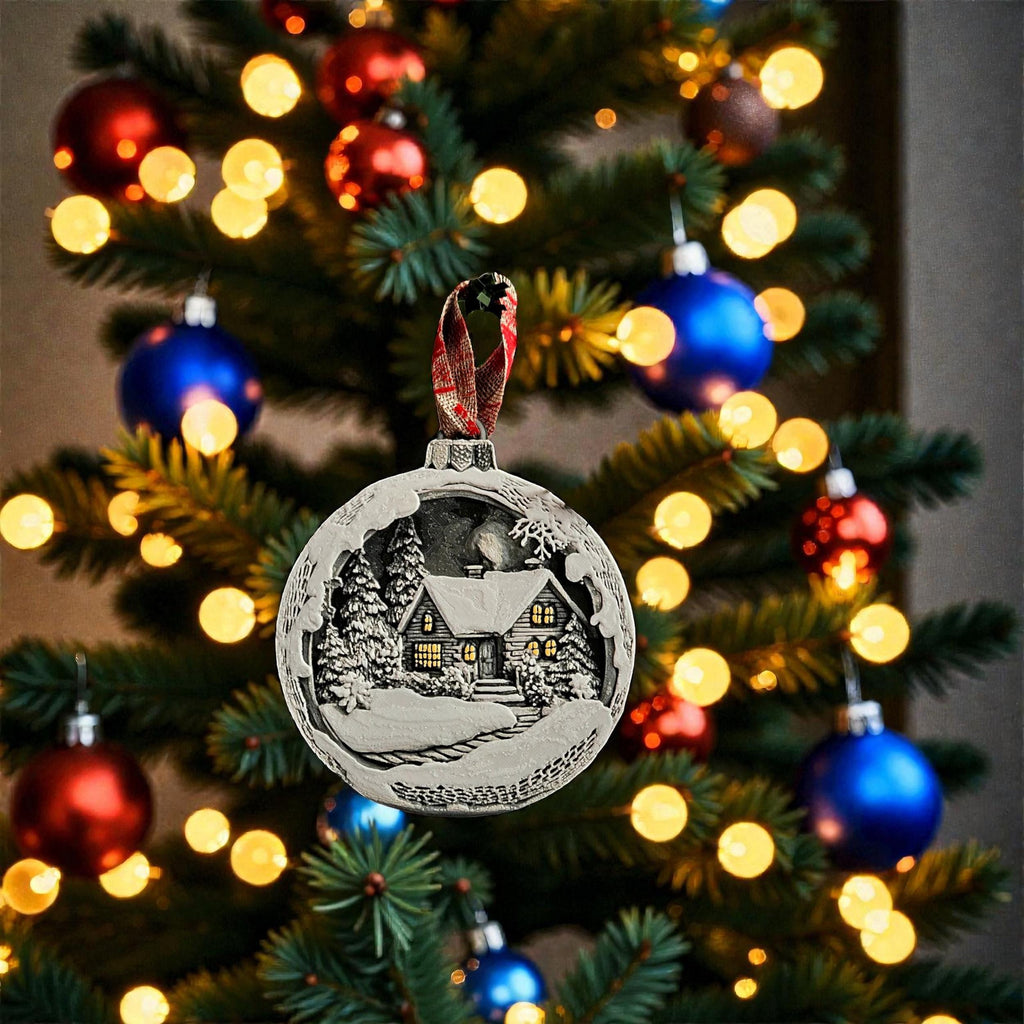 Christmas Ornament Winter Scene Snow Landscape Holiday Decoration Tree Bauble Mountain Cottage Illuminated Windows Pine Gift