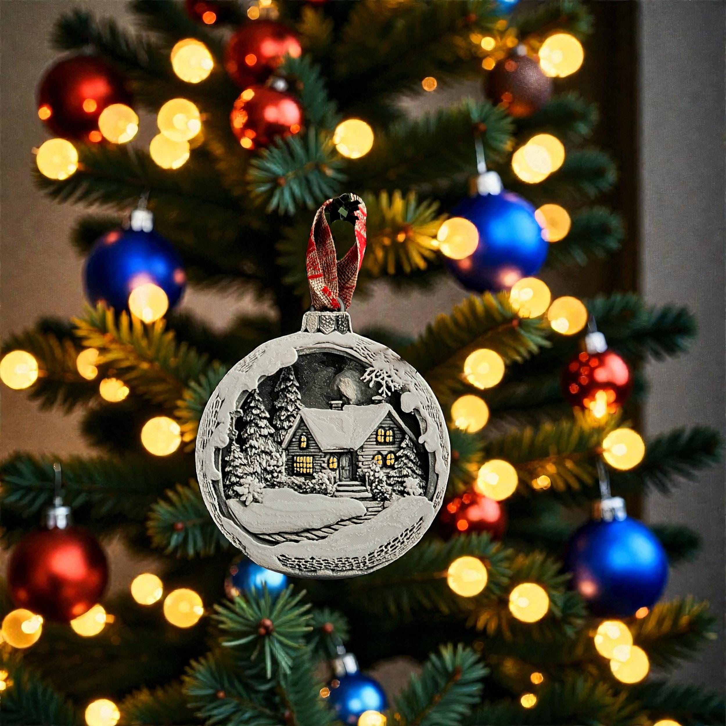 Christmas Ornament Winter Scene Snow Landscape Holiday Decoration Tree Bauble Mountain Cottage Illuminated Windows Pine Gift
