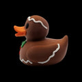 Collectible Gingerbread Duck Christmas Gift Idea Holiday Bath Toy Festive Bathroom Accessory Novelty Present Winter Decoration Brown Duck Design White Icing Details Orange Bill Eyes Green Bow Red Buttons Premium Quality Small Size Holiday