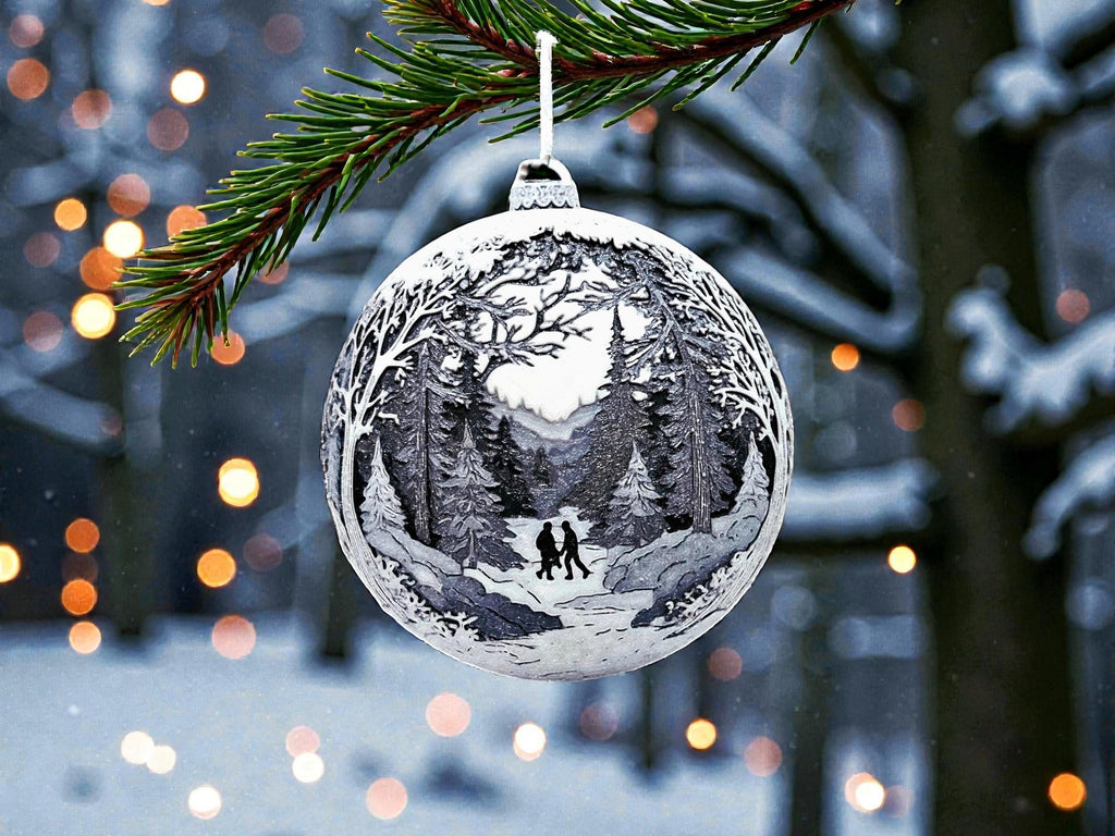 Christmas Ornament Hand in Hand Snow Landscape Holiday Decoration Tree Bauble Mountain Cottage Illuminated Windows Pine Gift