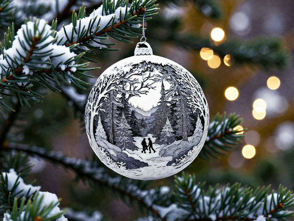 Christmas Ornament Hand in Hand Snow Landscape Holiday Decoration Tree Bauble Mountain Cottage Illuminated Windows Pine Gift