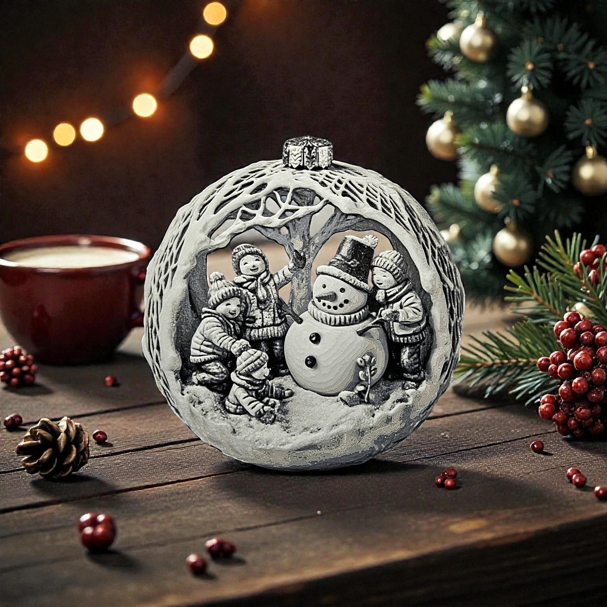 Christmas Snowman Ornament Holiday Decoration Winter Scene Relief Design Round Bauble Tree Hanging Festive Building Childhood Keepsake 3d