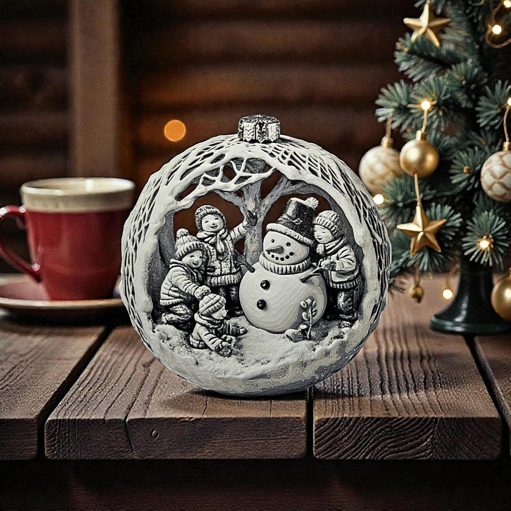 Christmas Snowman Ornament Holiday Decoration Winter Scene Relief Design Round Bauble Tree Hanging Festive Building Childhood Keepsake 3d