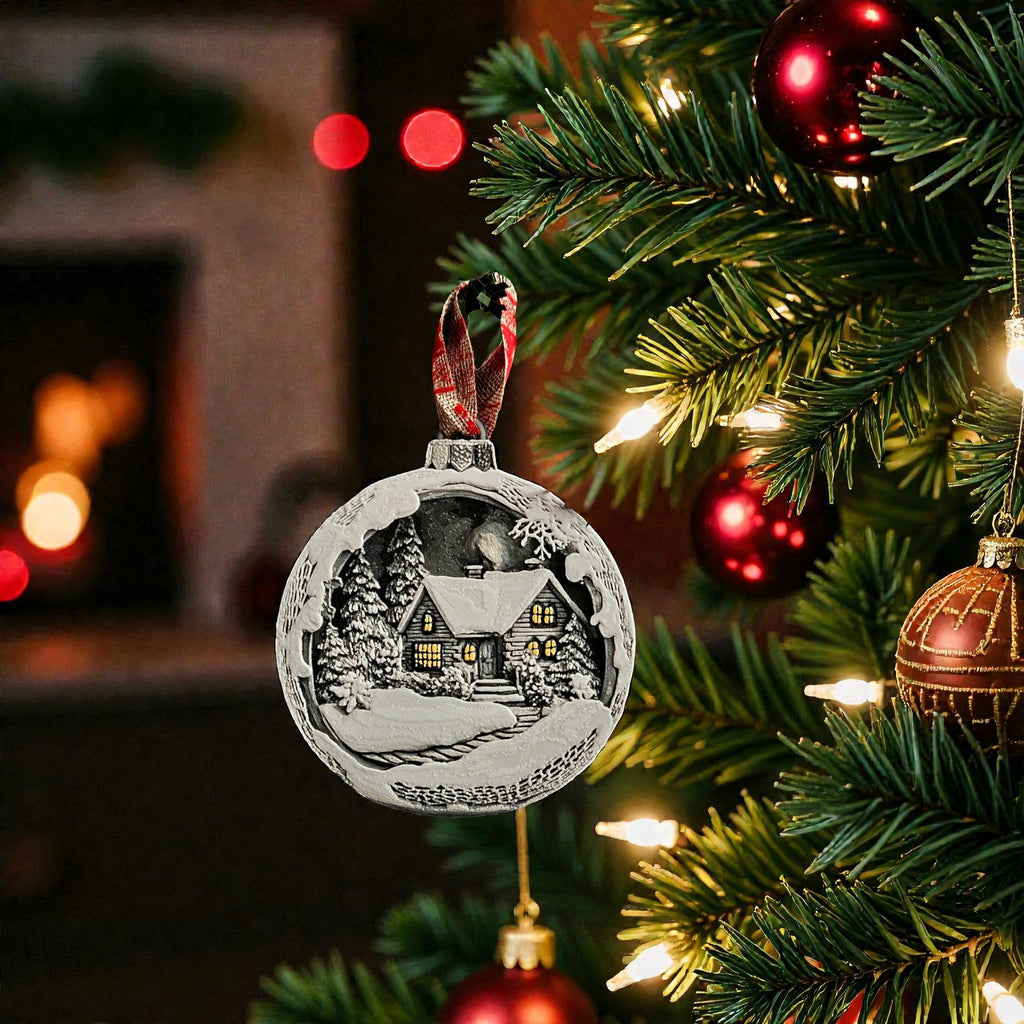 Christmas Ornament Winter Scene Snow Landscape Holiday Decoration Tree Bauble Mountain Cottage Illuminated Windows Pine Gift