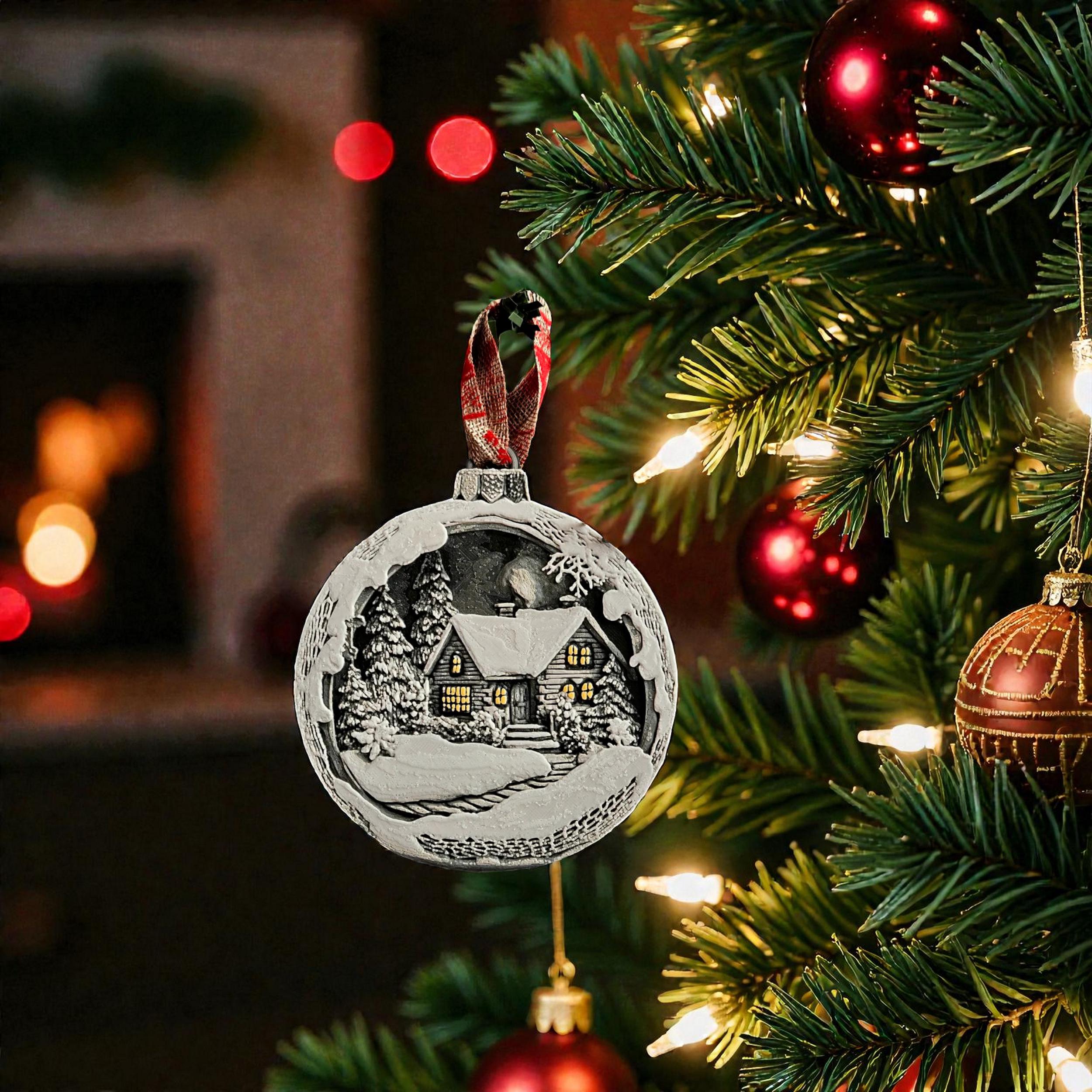 Christmas Ornament Winter Scene Snow Landscape Holiday Decoration Tree Bauble Mountain Cottage Illuminated Windows Pine Gift
