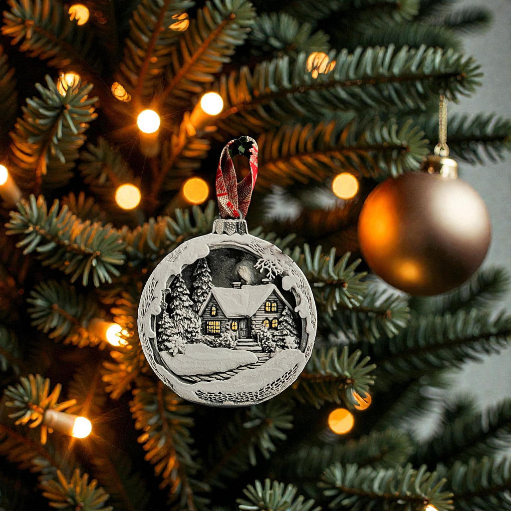 Christmas Ornament Winter Scene Snow Landscape Holiday Decoration Tree Bauble Mountain Cottage Illuminated Windows Pine Gift