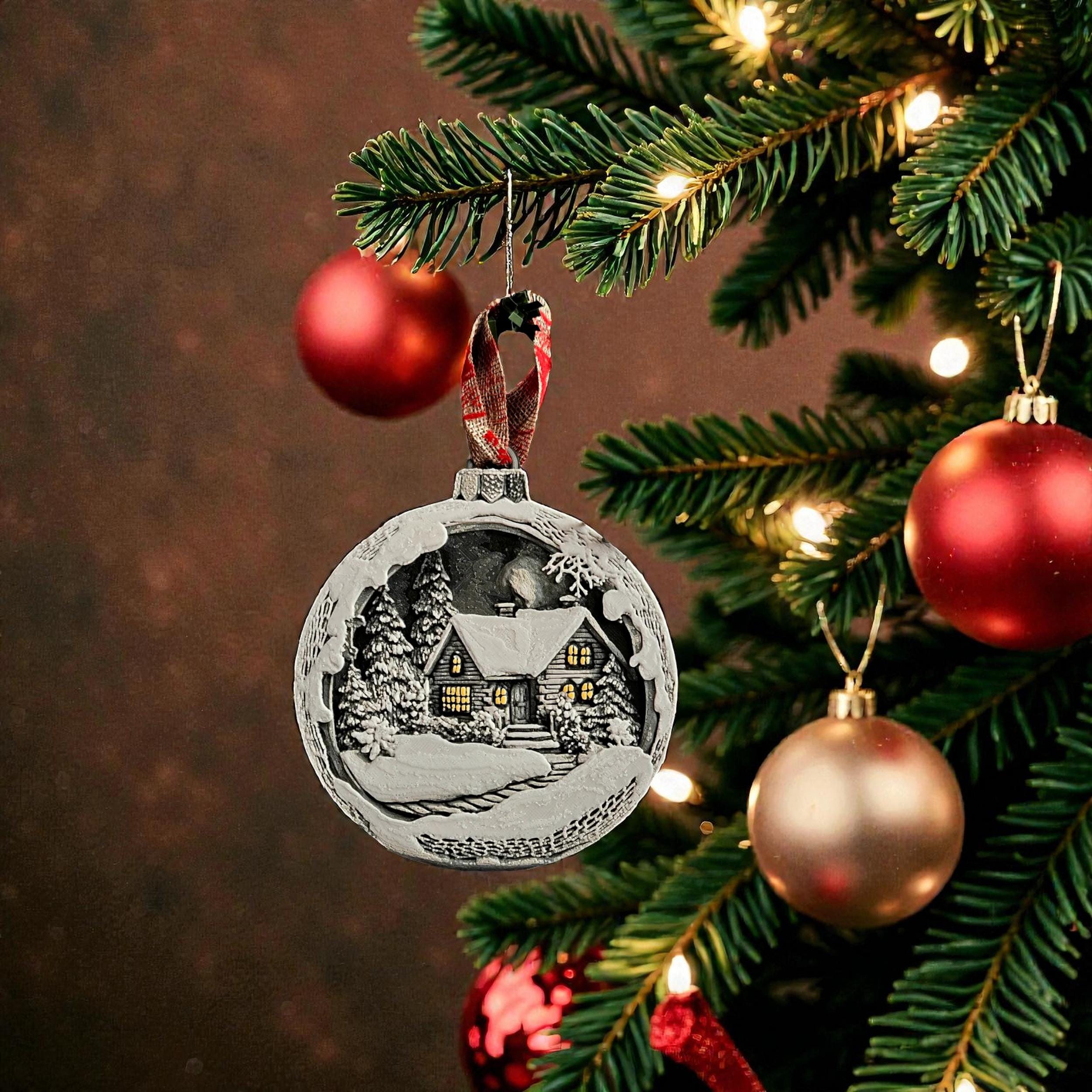 Christmas Ornament Winter Scene Snow Landscape Holiday Decoration Tree Bauble Mountain Cottage Illuminated Windows Pine Gift