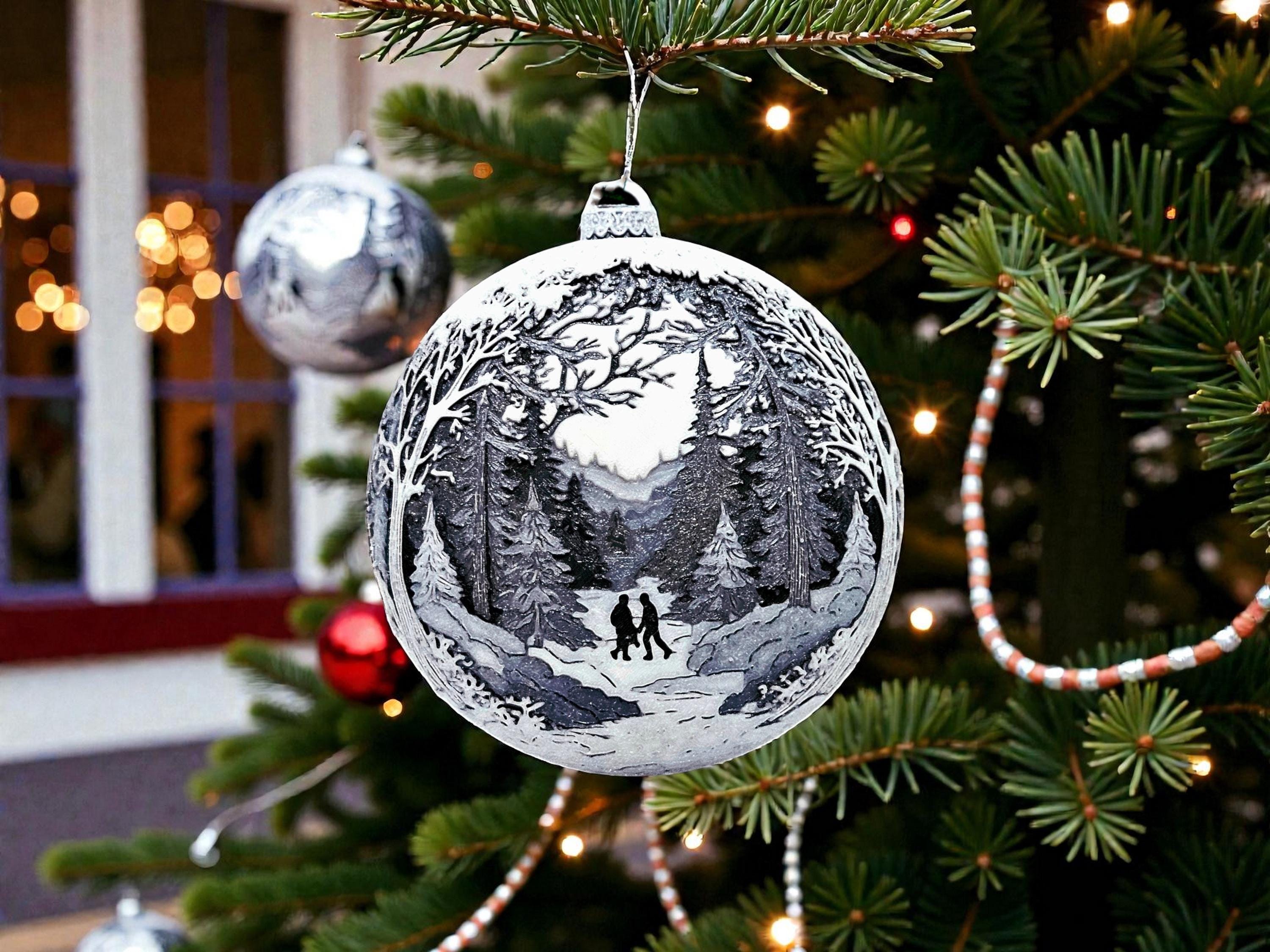 Christmas Ornament Hand in Hand Snow Landscape Holiday Decoration Tree Bauble Mountain Cottage Illuminated Windows Pine Gift