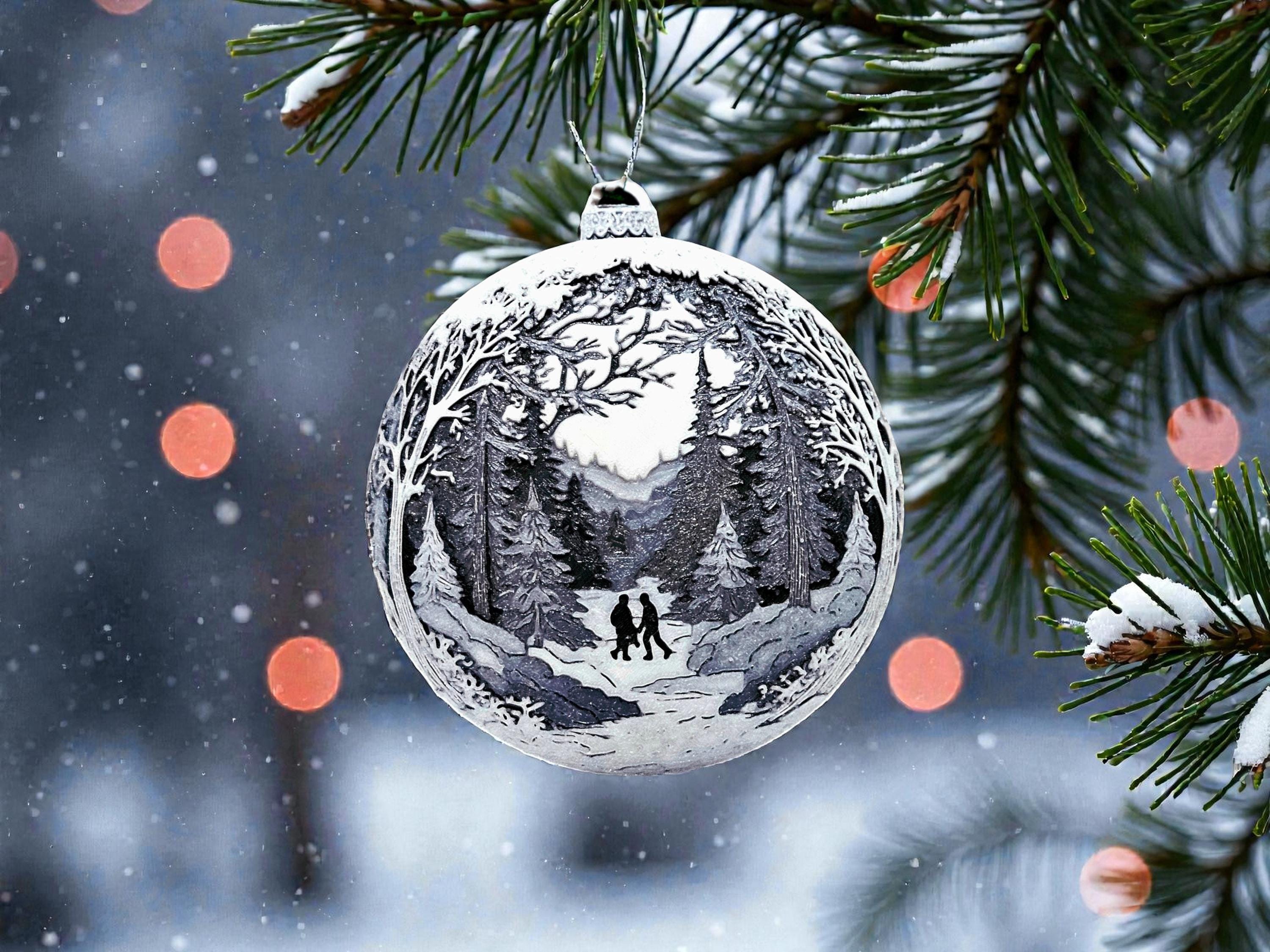 Christmas Ornament Hand in Hand Snow Landscape Holiday Decoration Tree Bauble Mountain Cottage Illuminated Windows Pine Gift