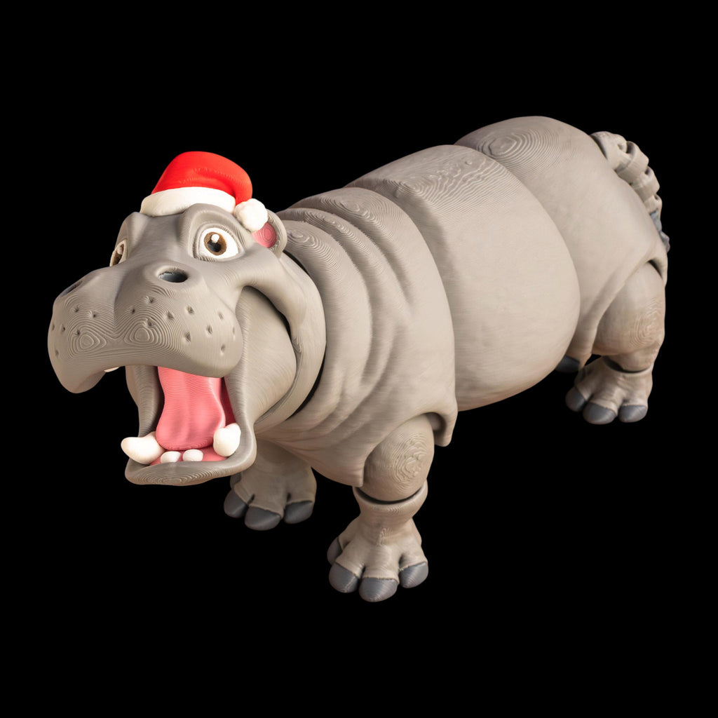 Articulated Hippo Figure Desk Decoration Toy Animal Collection Display Item Holiday Decor Santa Hat 3 different sizes Small, Medium ,Large