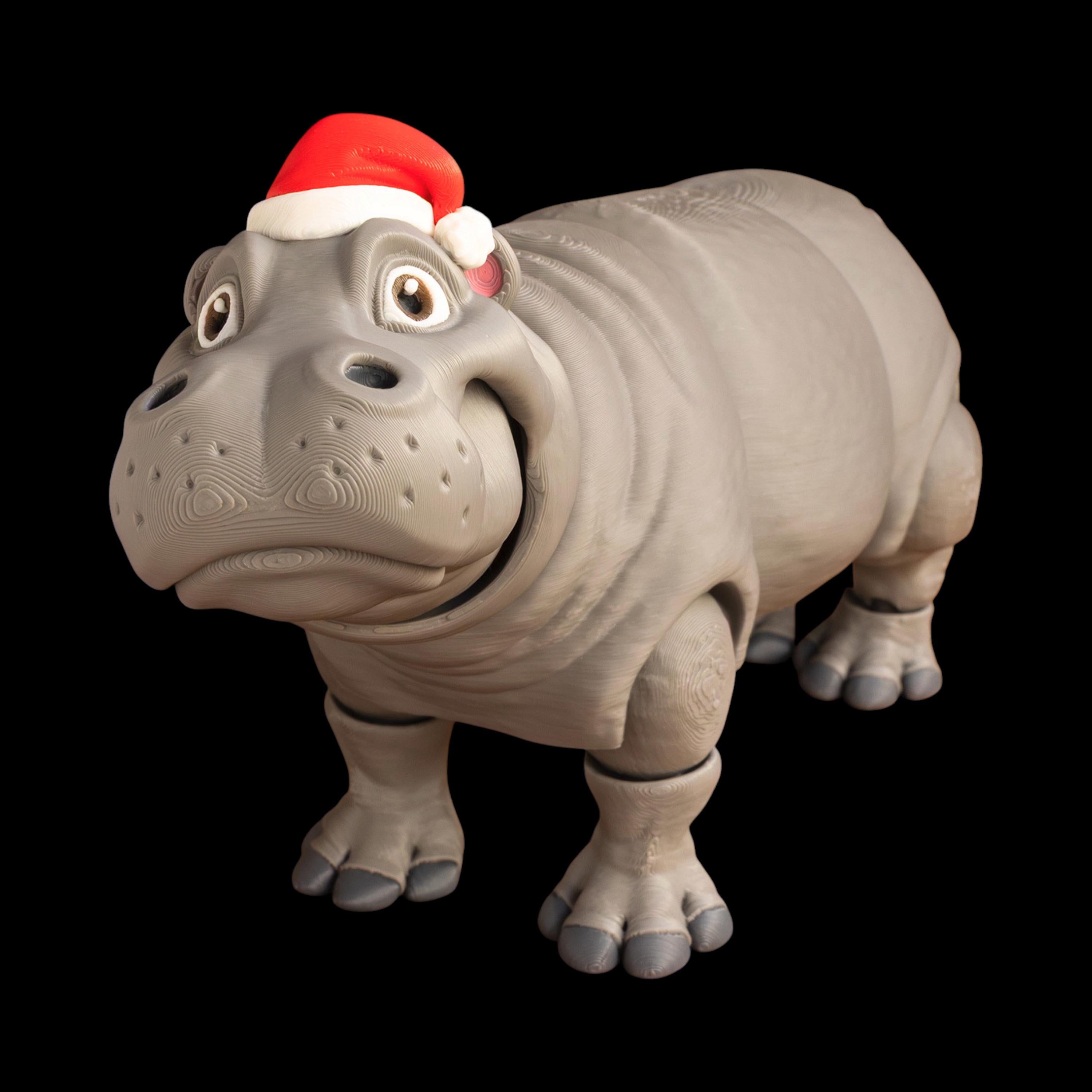 Articulated Hippo Figure Desk Decoration Toy Animal Collection Display Item Holiday Decor Santa Hat 3 different sizes Small, Medium ,Large