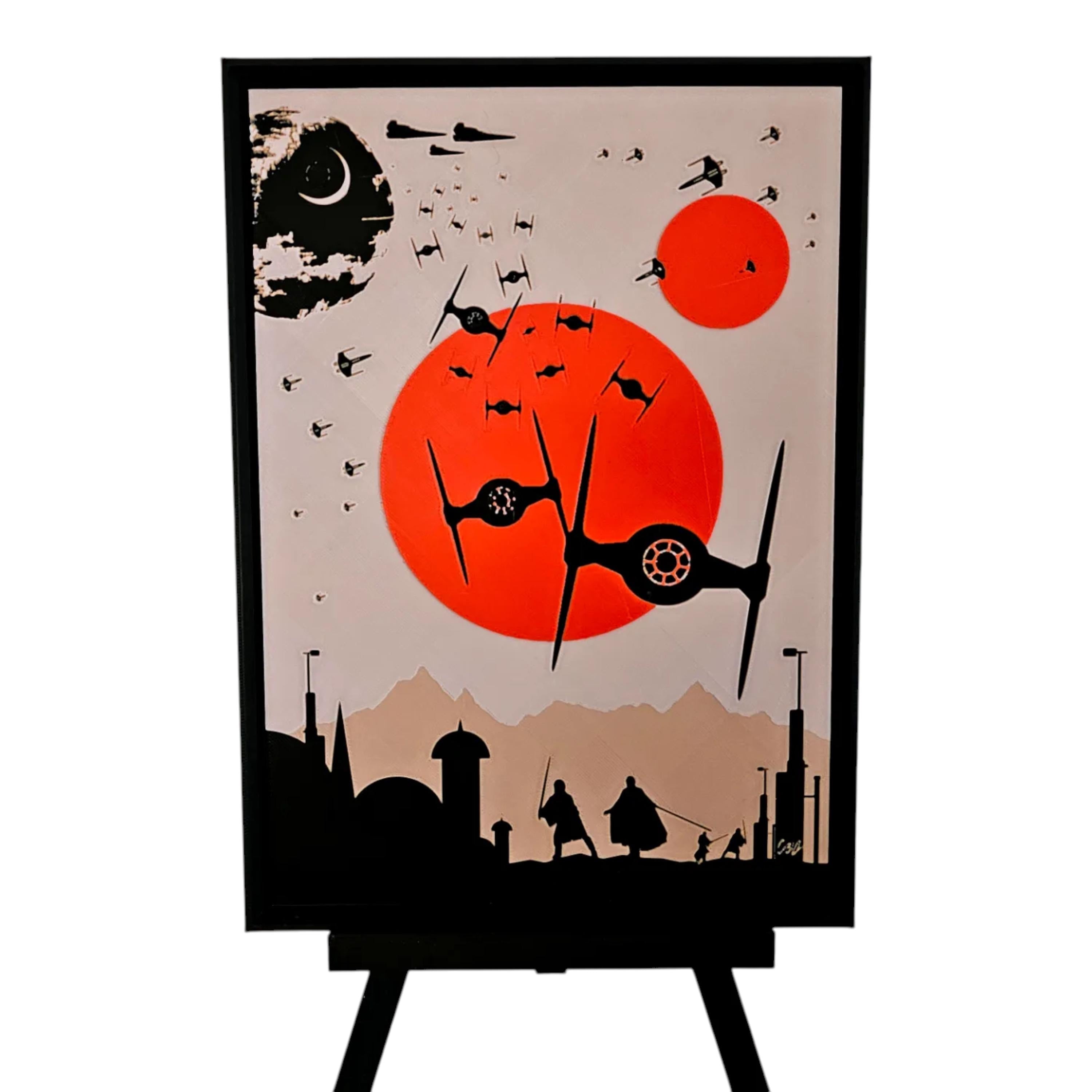 Star Wars Inspired Desk Ornament Sci-Fi DeathStar TIE Fighter Orange Sunset