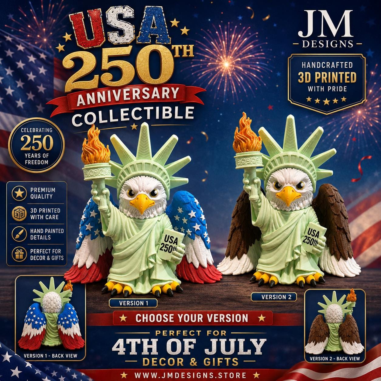 Liberty Eagle 250th Anniversary Limited Edition 3d Printed Desk Pal Standing Tall Patriotic Americana Flag Wing American Independence Day - JM Designs