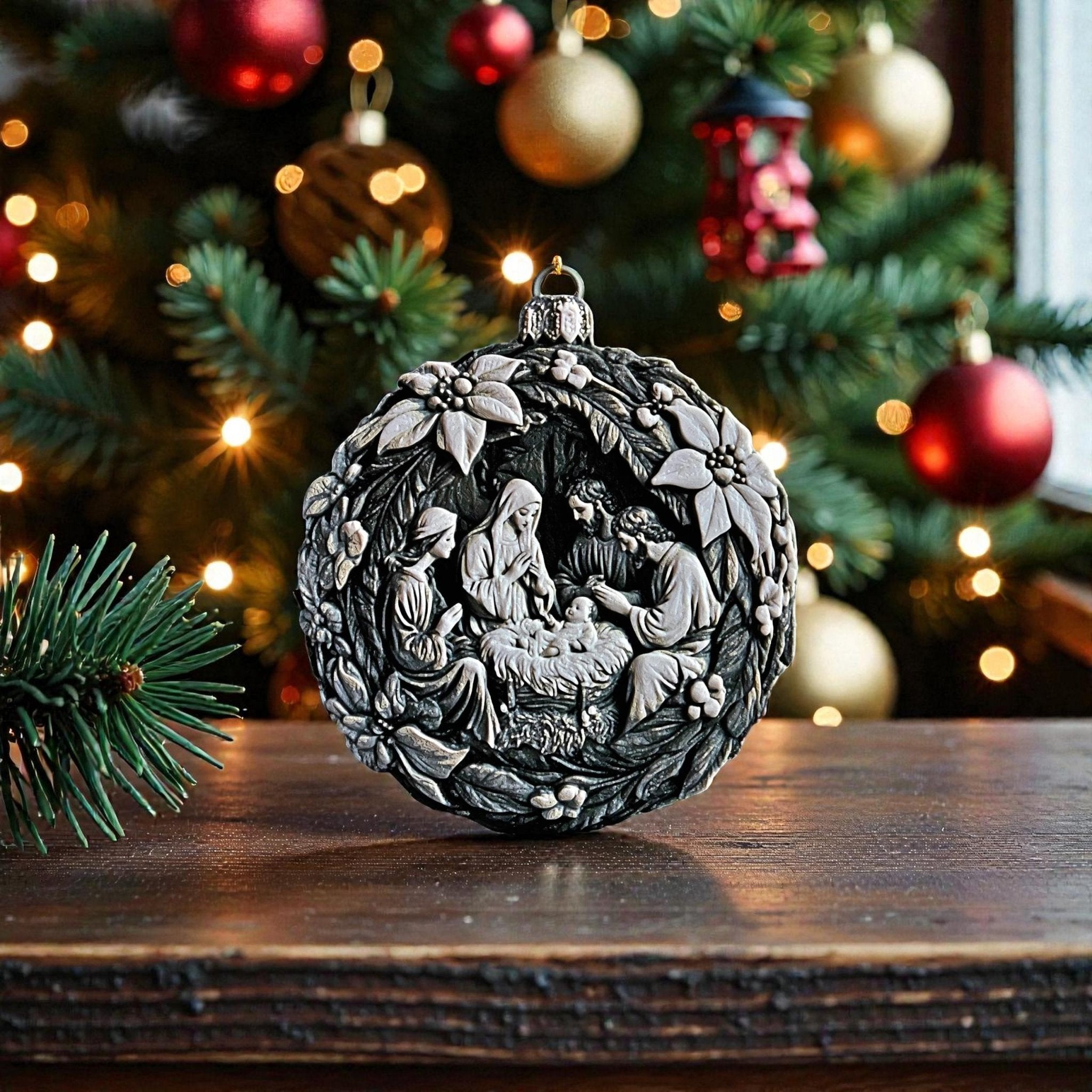 Nativity Ornament with Holy Family Scene, Modern Christmas Decor for Tree Hanging - JM Designs